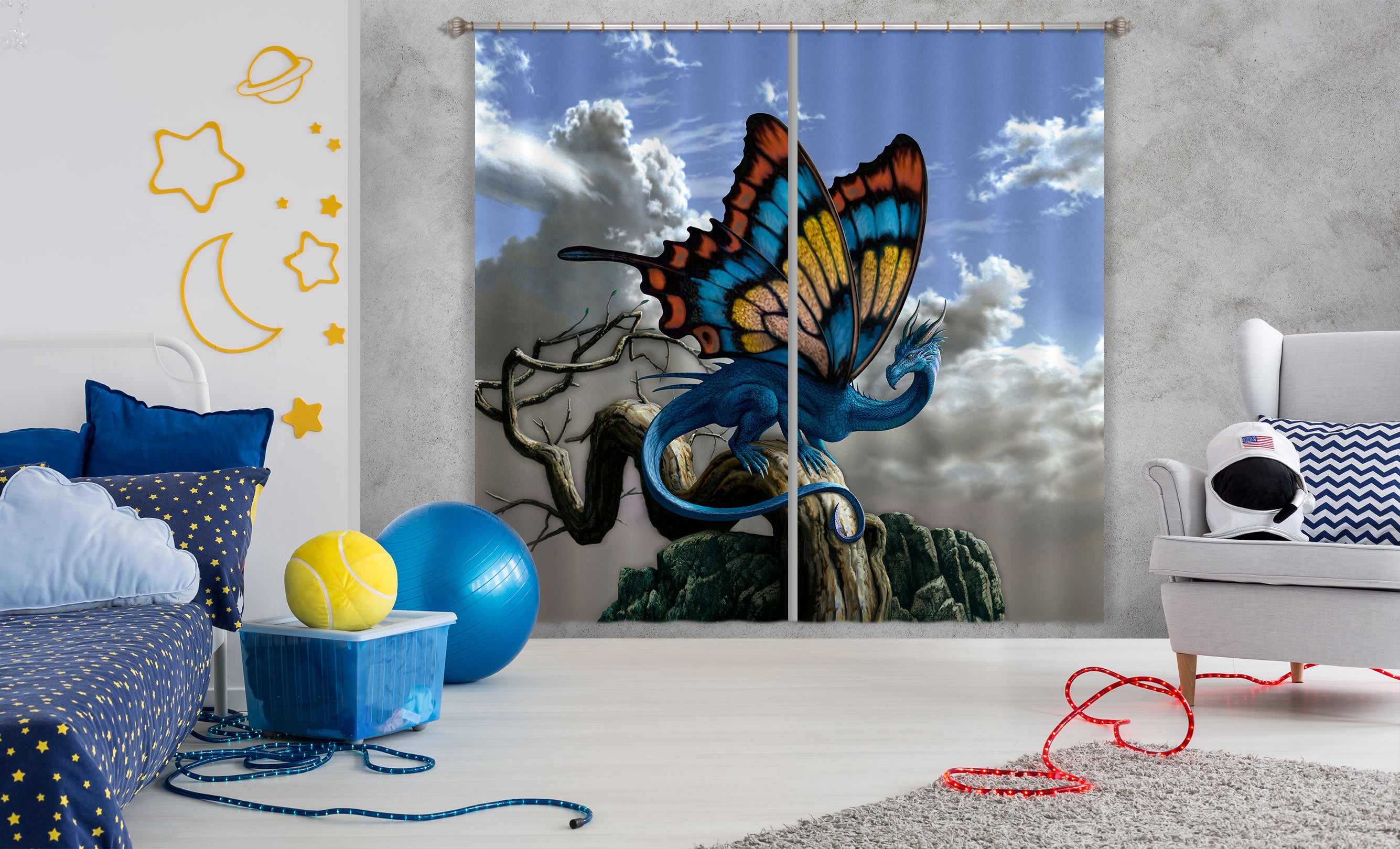 3D Clouds Butterfly Wings Dragon 8030 Ciruelo Curtain Curtains Drapes