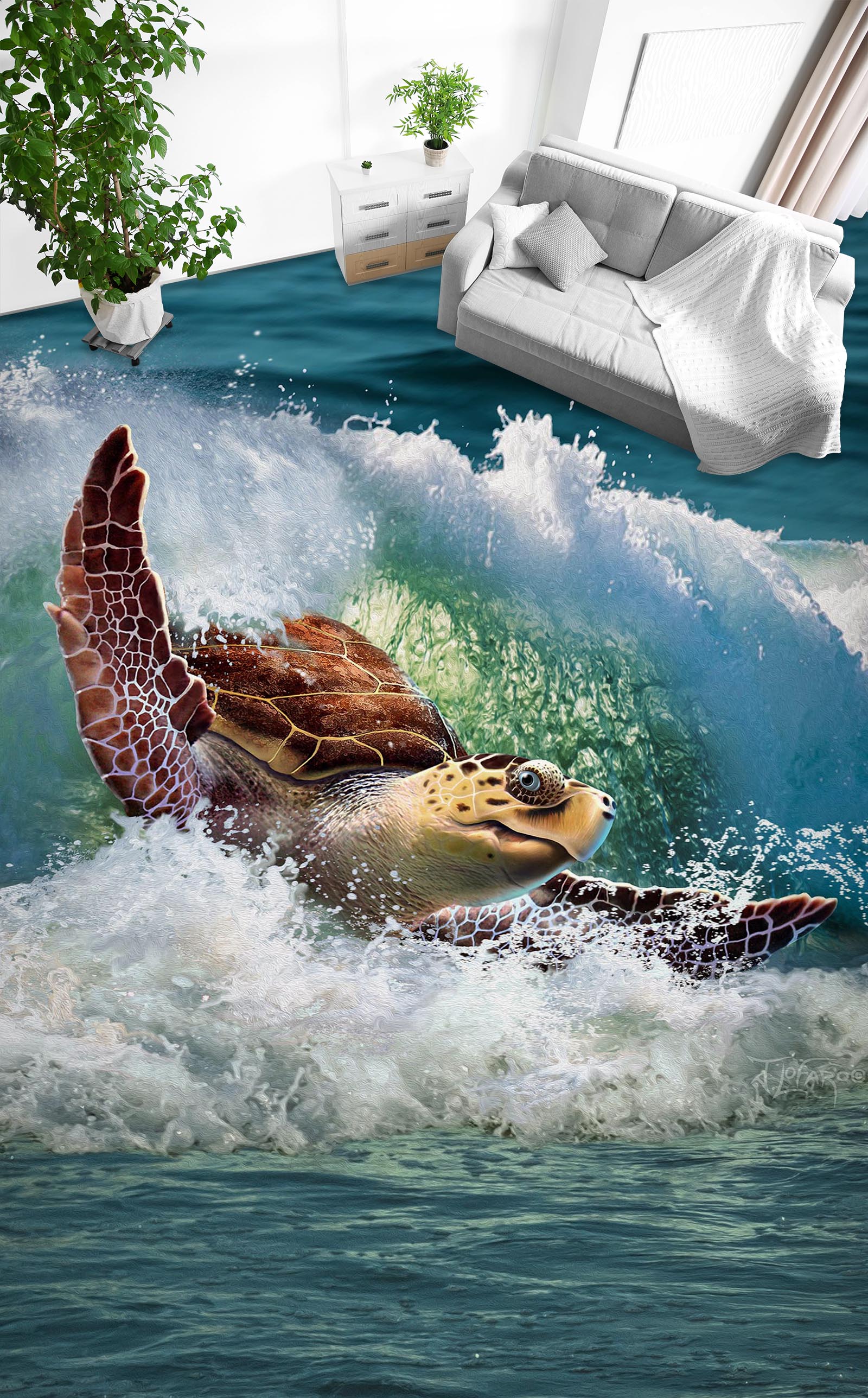 3D Sea Turtle Waves 96225 Jerry LoFaro Floor Mural