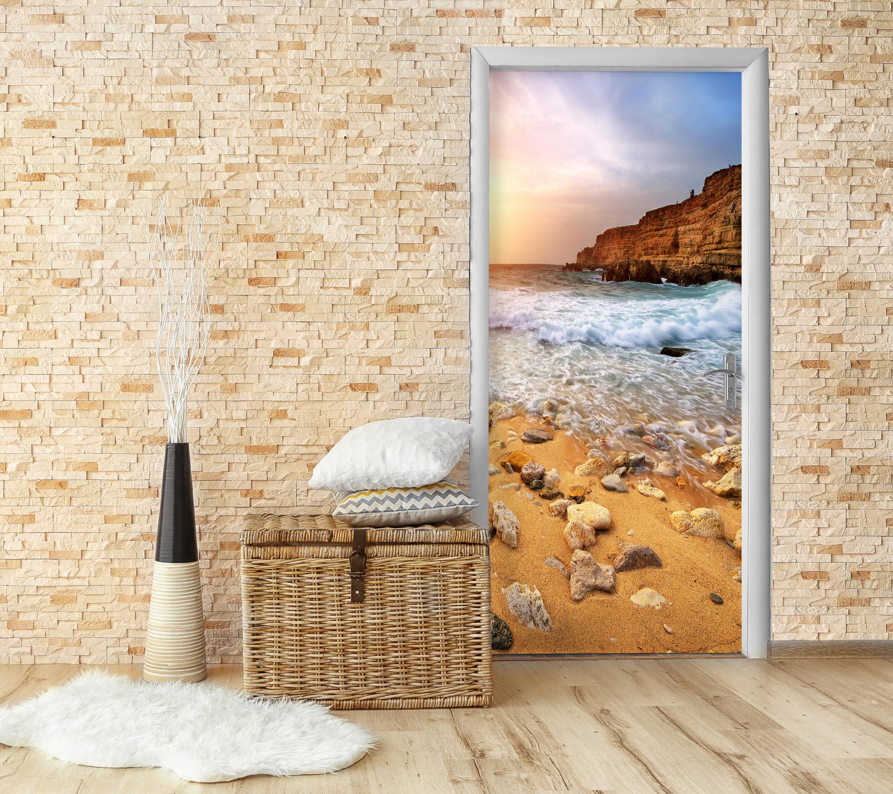 3D Beach Stone Sea 050 Door Mural