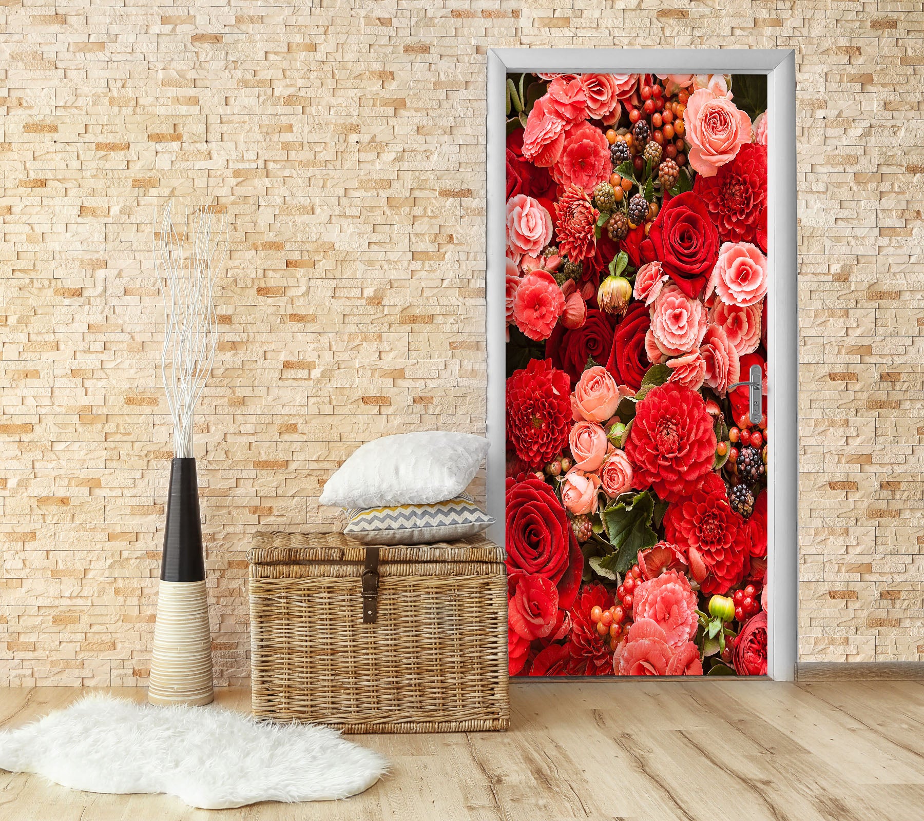 3D Red Flowers 25088 Door Mural