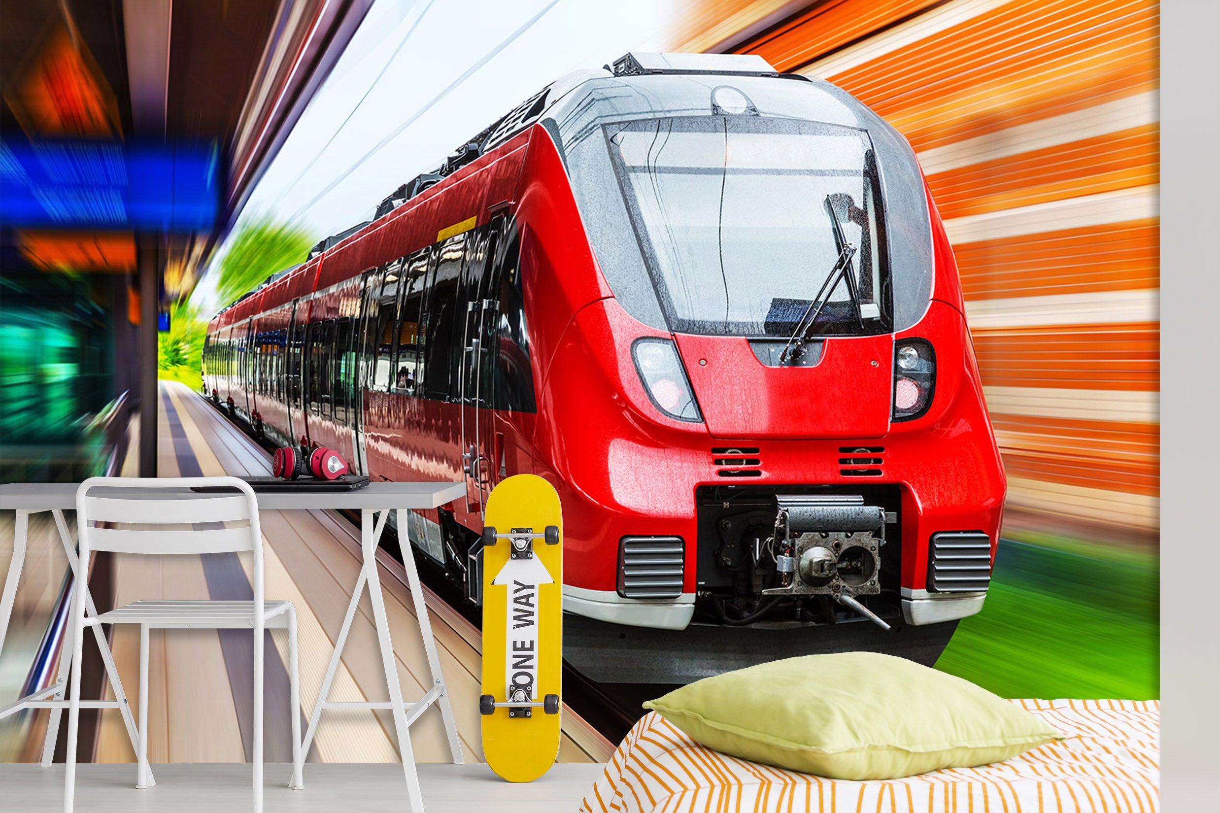 3D Red Locomotive 170 Vehicle Wall Murals