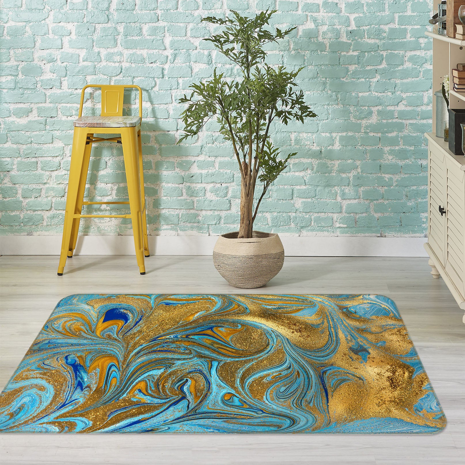 3D Gold Blue Texture 31006 Non Slip Rug Mat