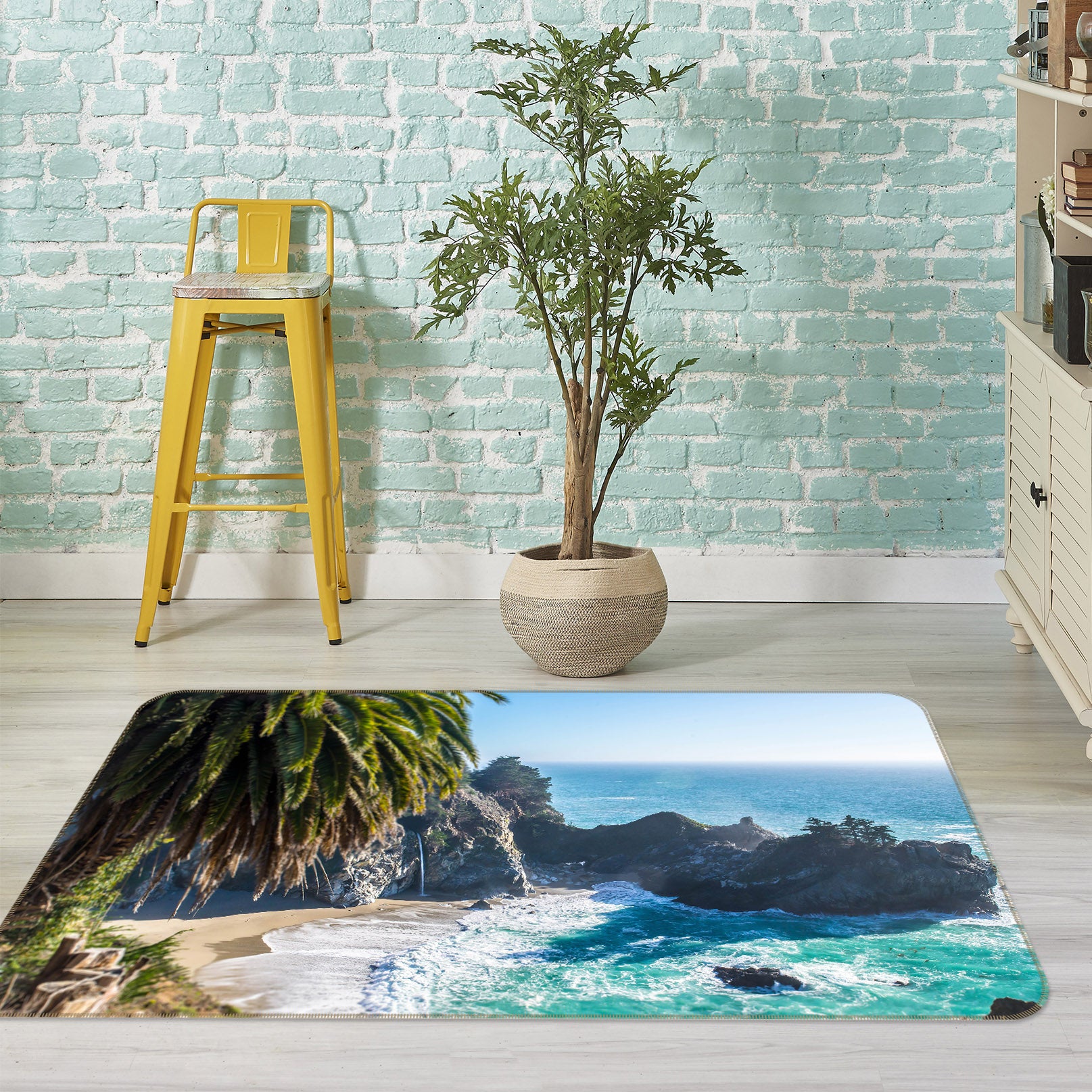 3D Seaside Stone Coconut Tree 36105 Non Slip Rug Mat