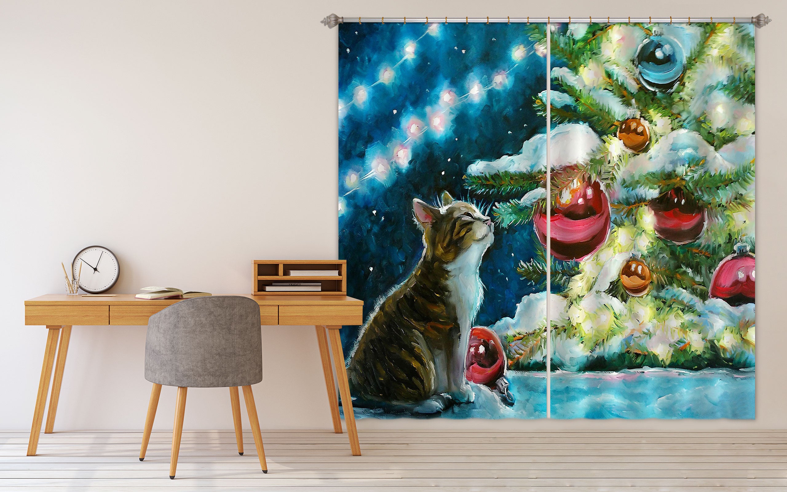 3D Cat Red Ball Tree 52076 Christmas Curtains Drapes Xmas