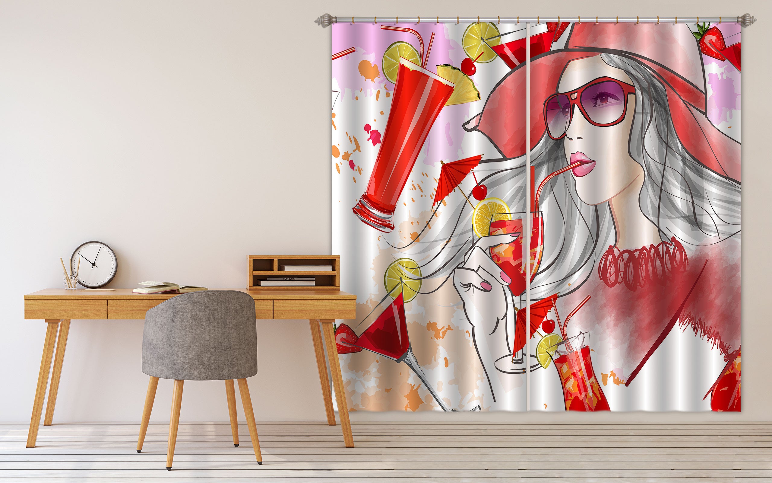 3D Lemon Drink Woman 036 Curtains Drapes