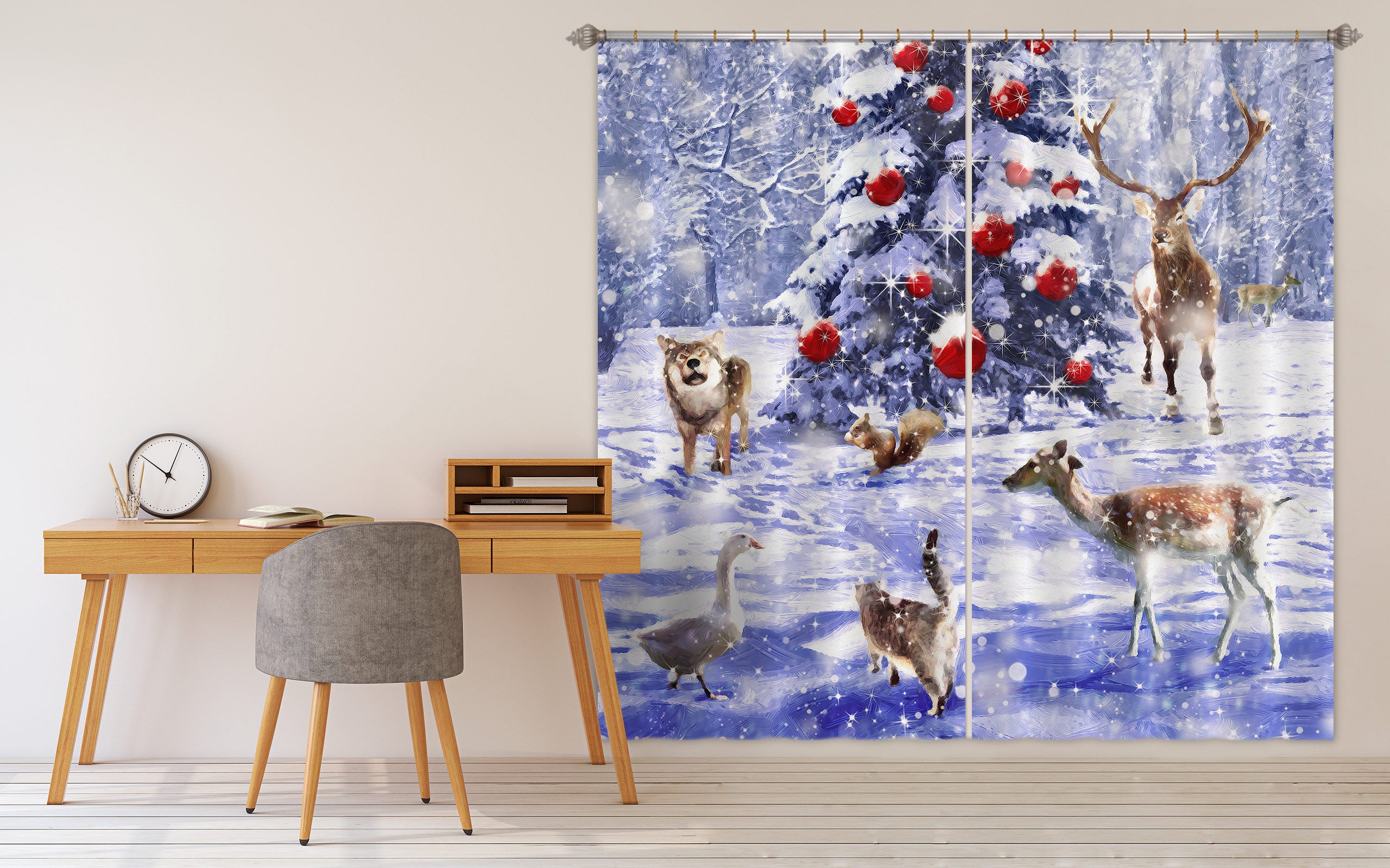 3D Snow Tree Deer 52027 Christmas Curtains Drapes Xmas