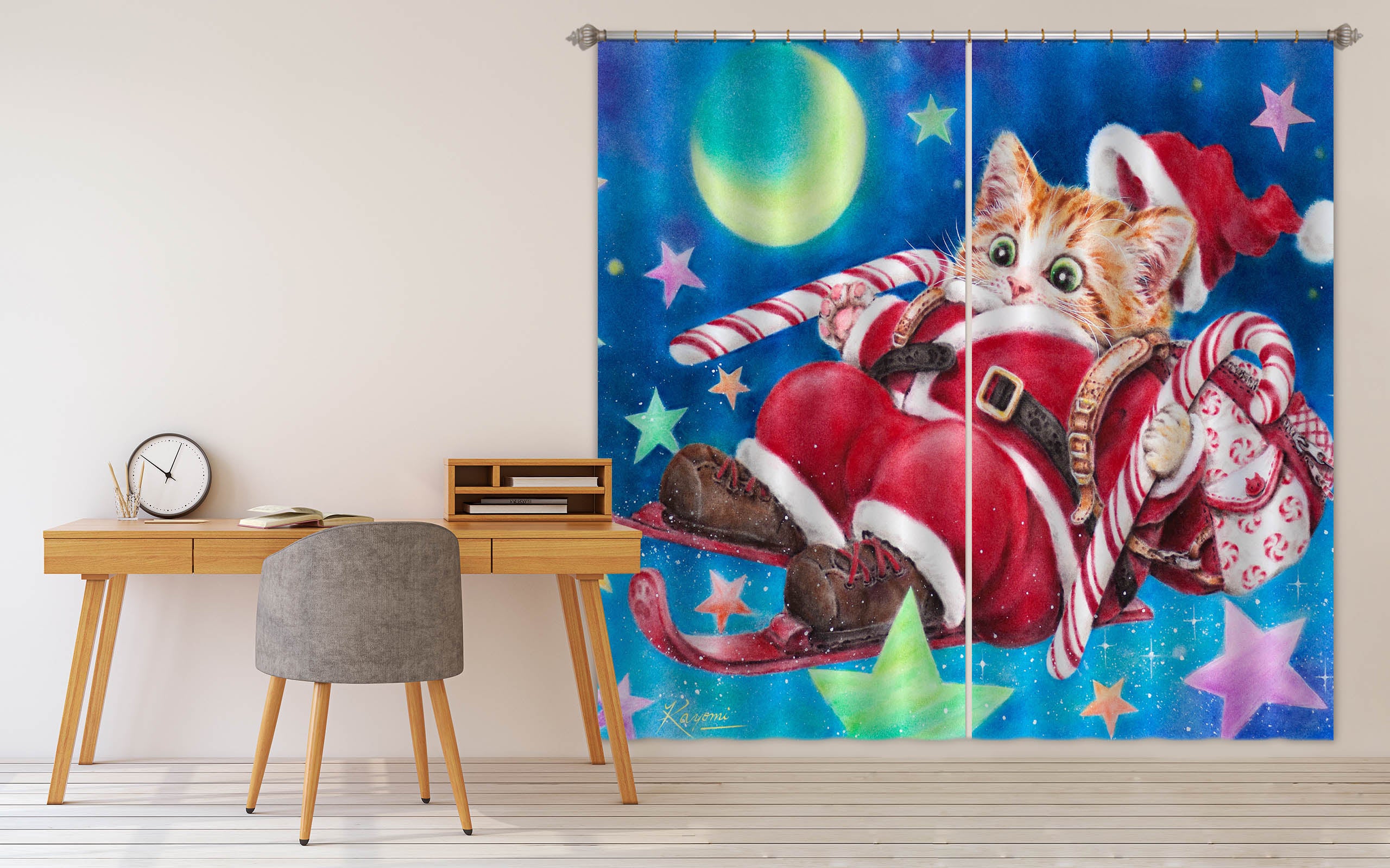 3D Christmas Cat Moon 9055 Kayomi Harai Curtain Curtains Drapes
