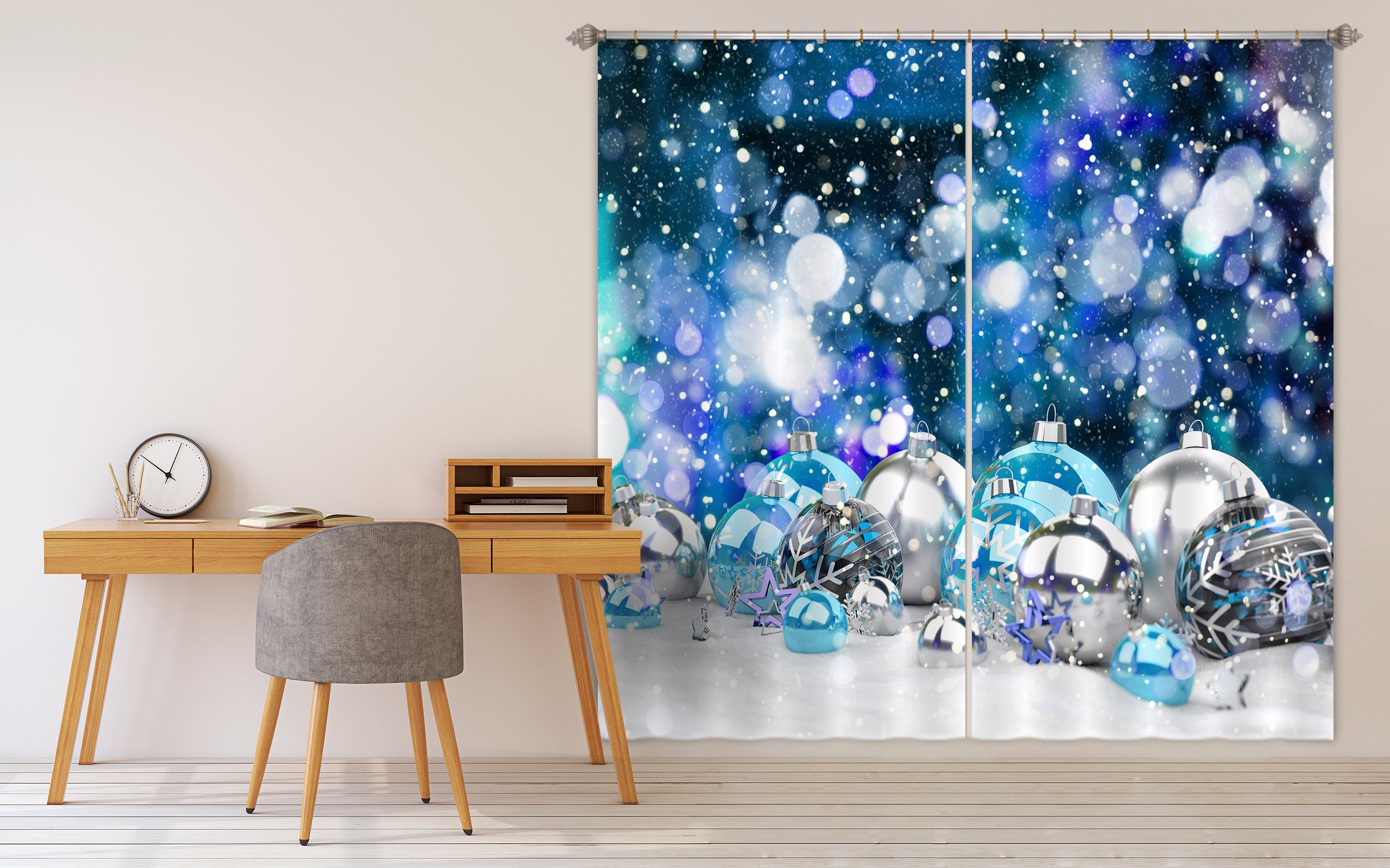 3D Silver Blue Ball 52046 Christmas Curtains Drapes Xmas