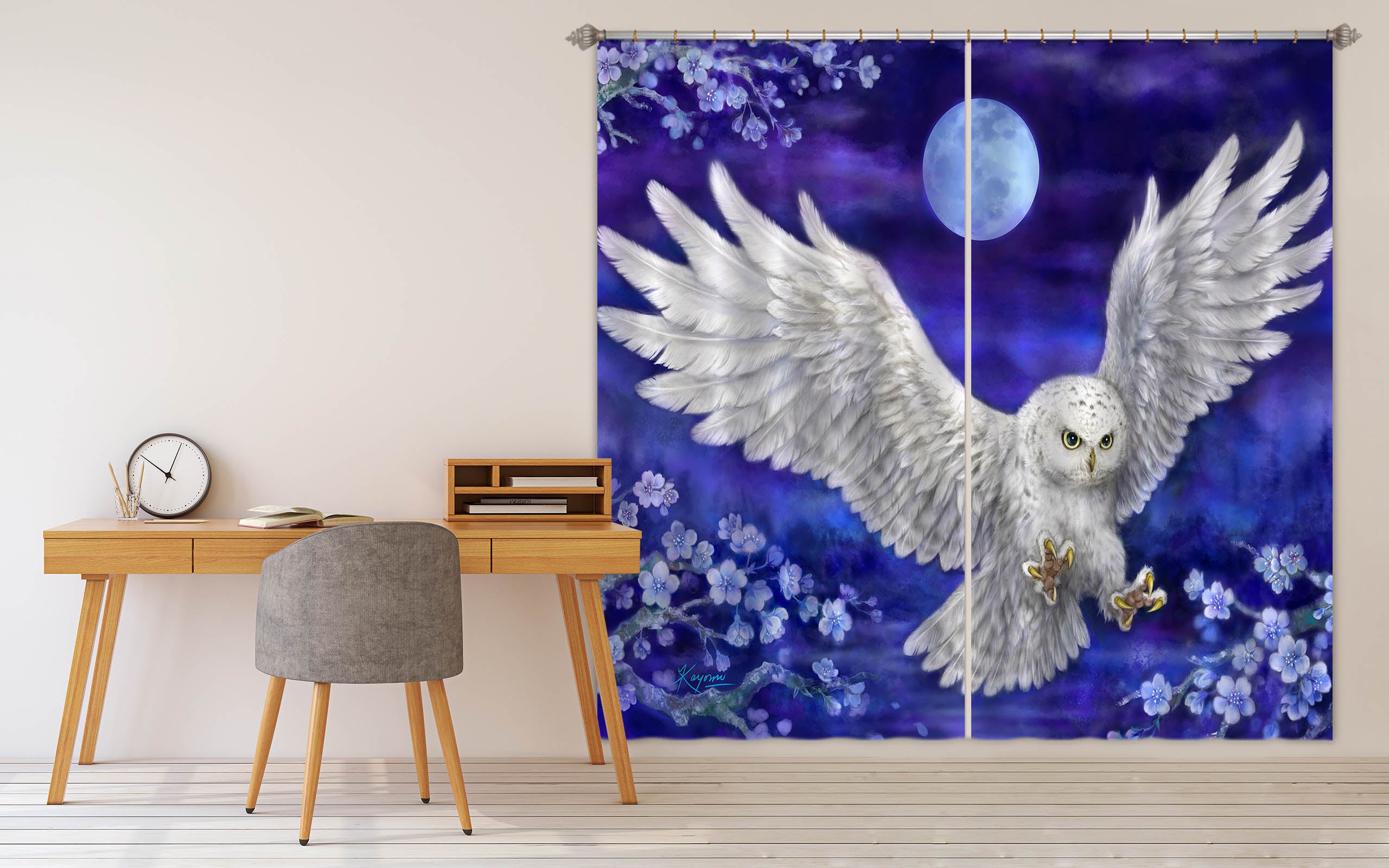 3D White Owl Moon 9084 Kayomi Harai Curtain Curtains Drapes