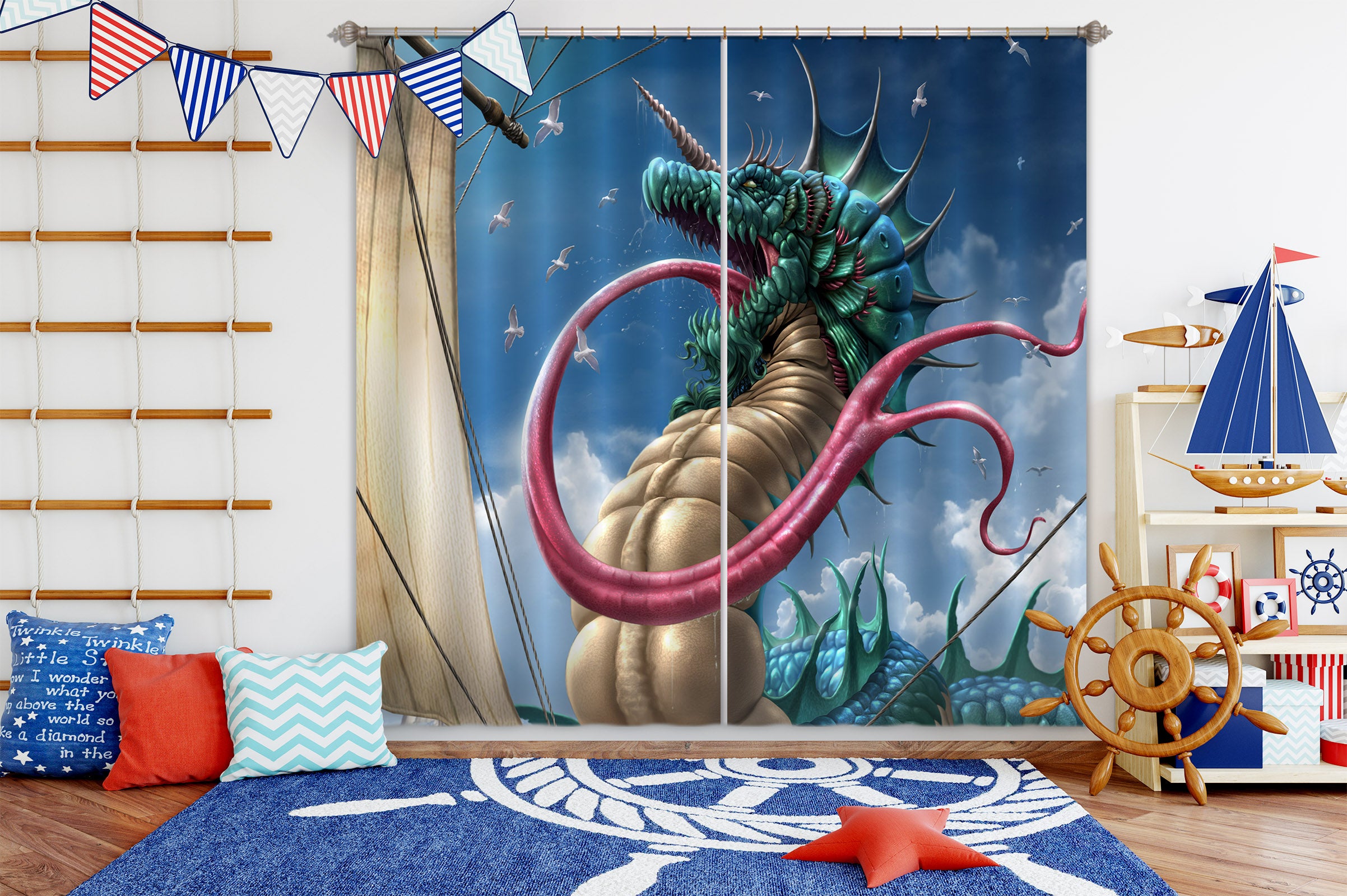 3D Long Tongue Dragon 5075 Tom Wood Curtain Curtains Drapes