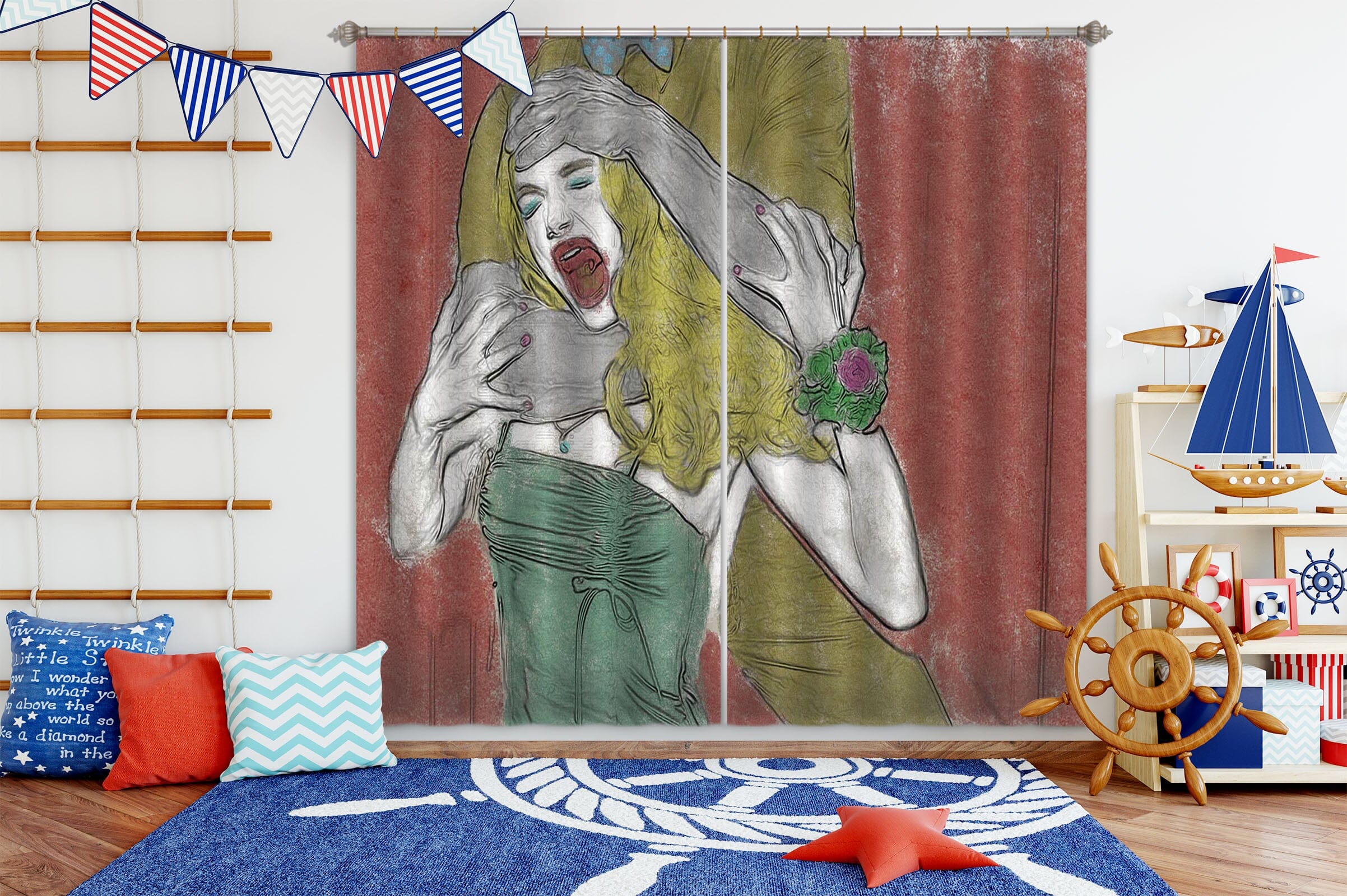 3D Long Haired Girl 047 Marco Cavazzana Curtain Curtains Drapes Curtains AJ Creativity Home 