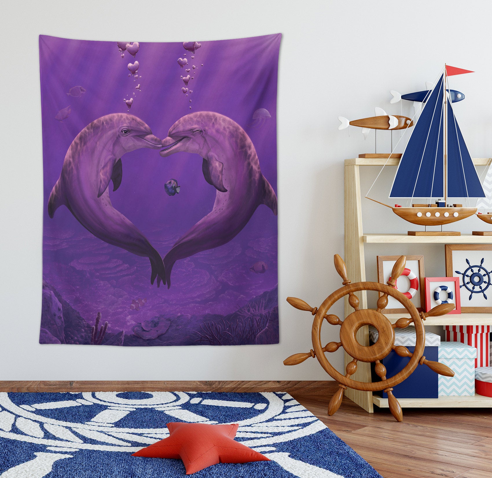 3D Purple Dolphin Heart 11729 Vincent Tapestry Hanging Cloth Hang