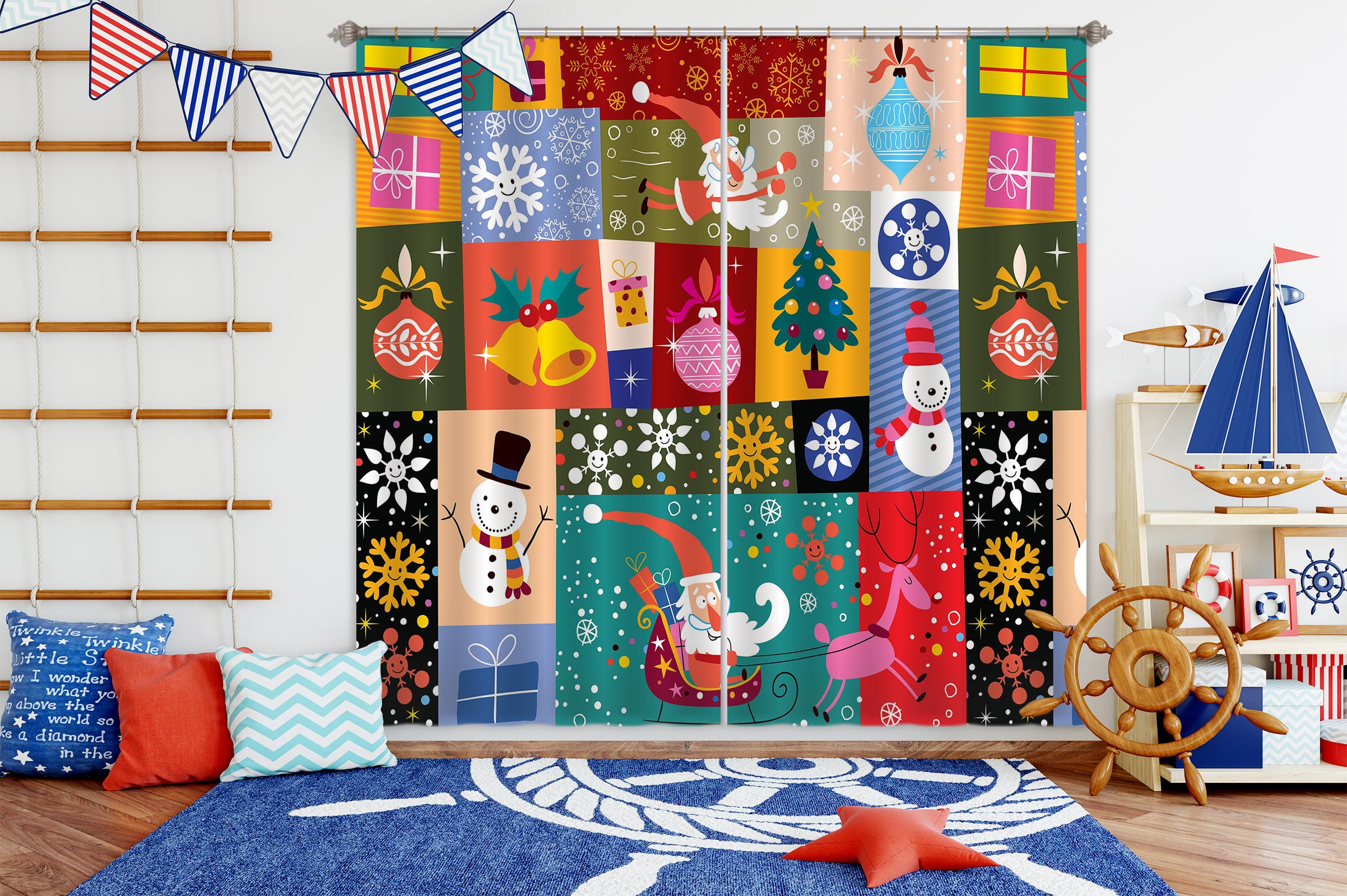 3D Colored Square Santa Tree 52007 Christmas Curtains Drapes Xmas