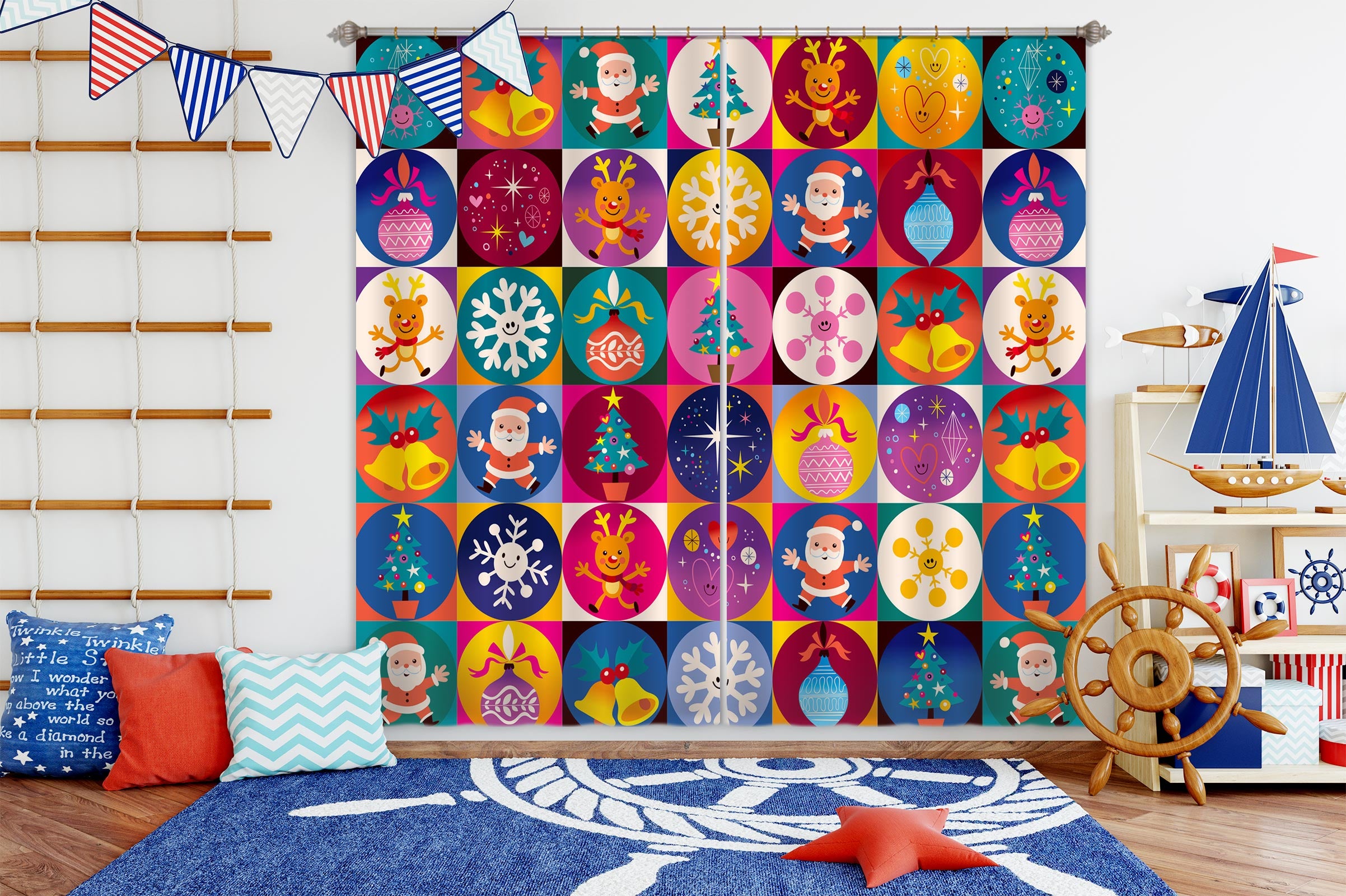 3D Colorful Circle Snowflake Santa 52026 Christmas Curtains Drapes Xmas