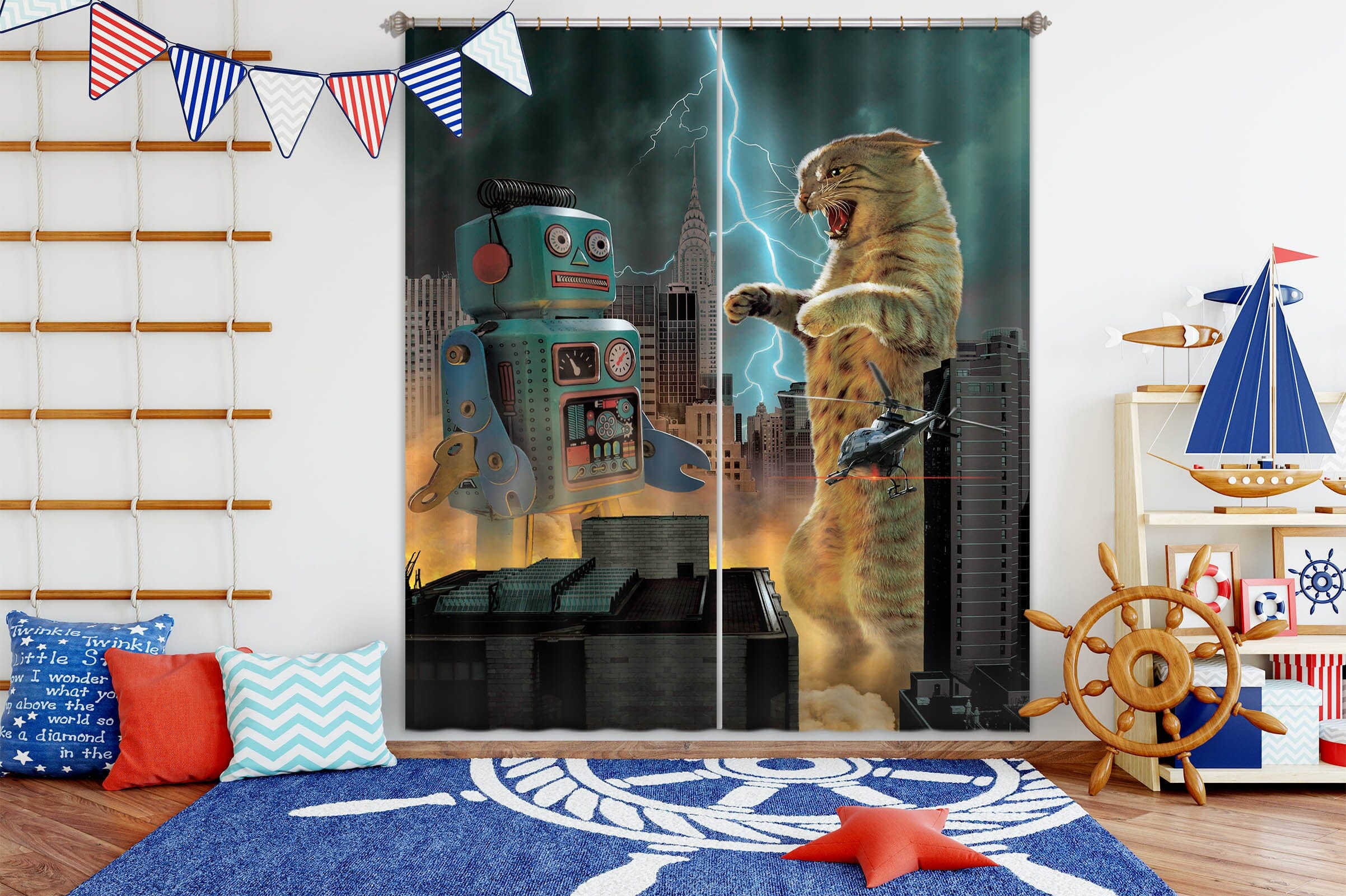 3D Catzilla Vs Robot Def 020 Vincent Hie Curtain Curtains Drapes Curtains AJ Creativity Home 