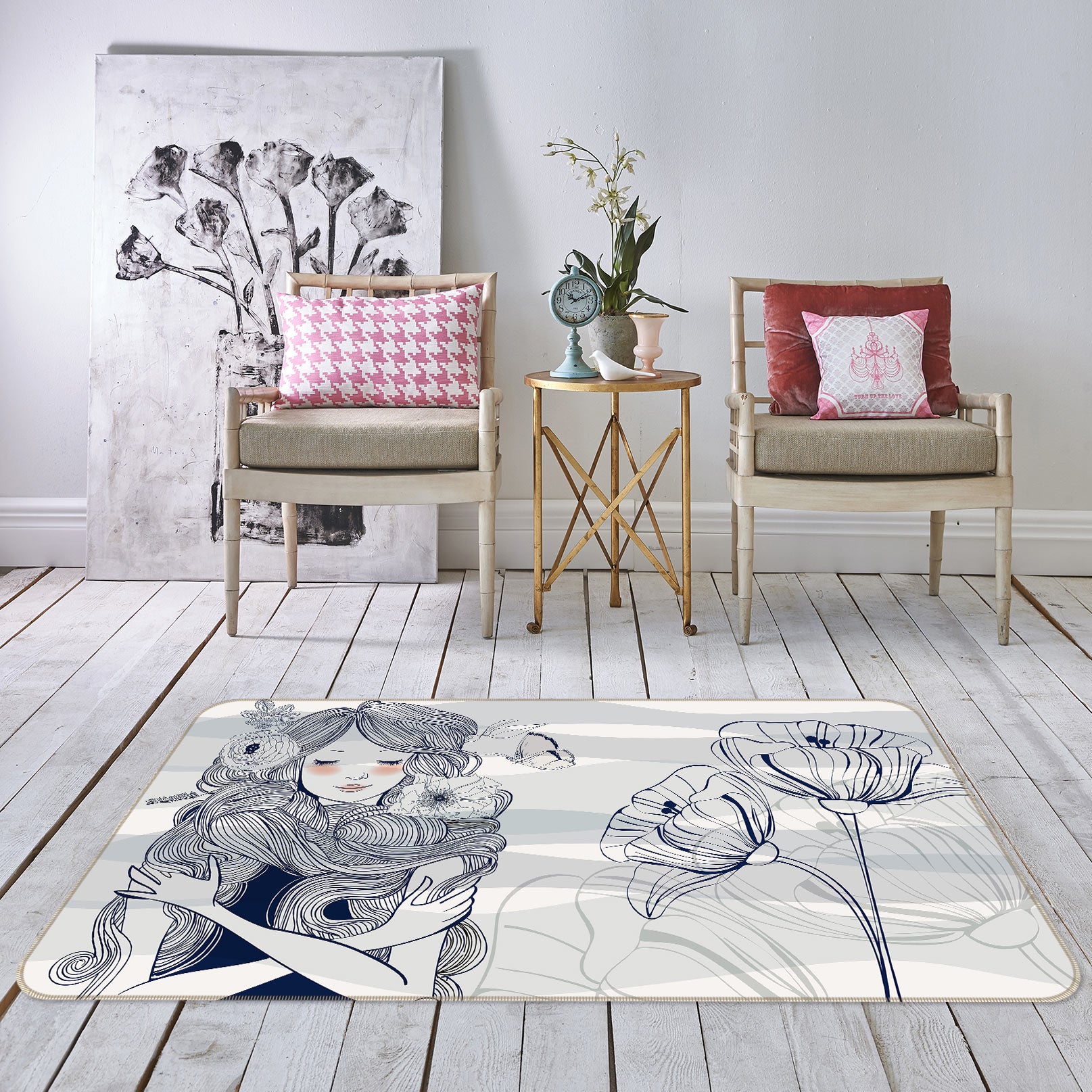 3D Black White Girl Flowers 76299 Non Slip Rug Mat