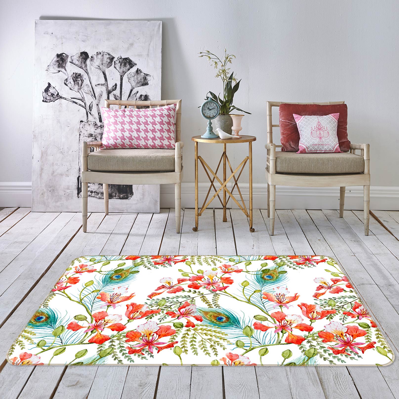 3D Flower Peacock Feather 37045 Non Slip Rug Mat