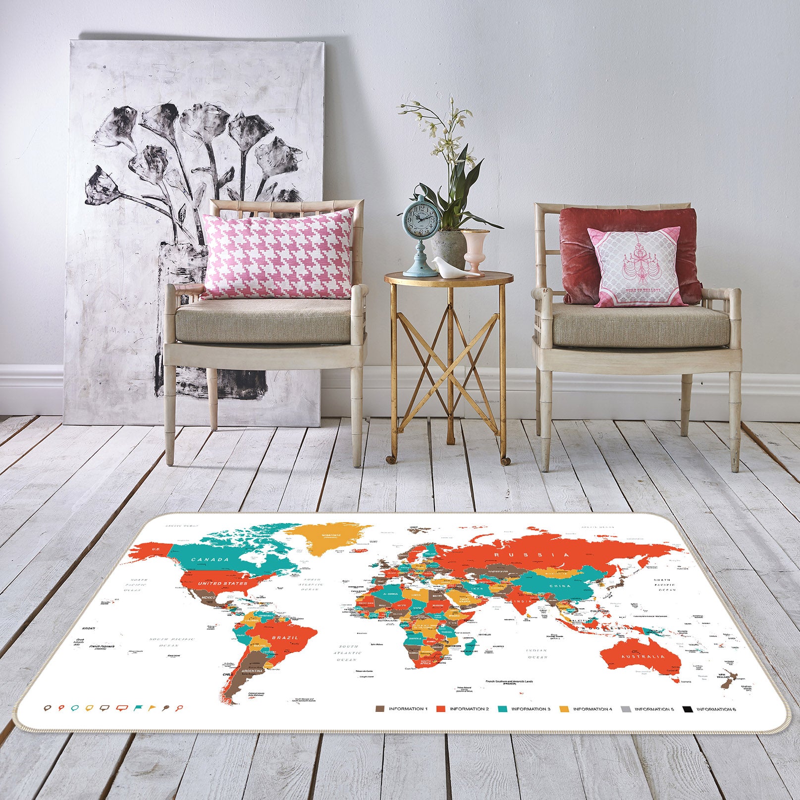 3D Color Clouds 252 World Map Non Slip Rug Mat