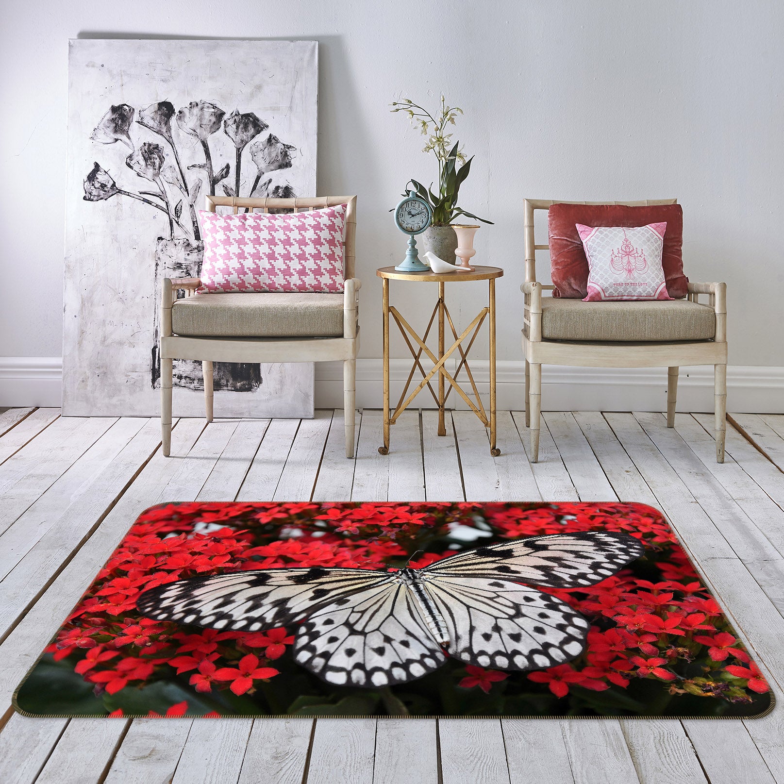 3D White Butterfly 028 Animal Non Slip Rug Mat