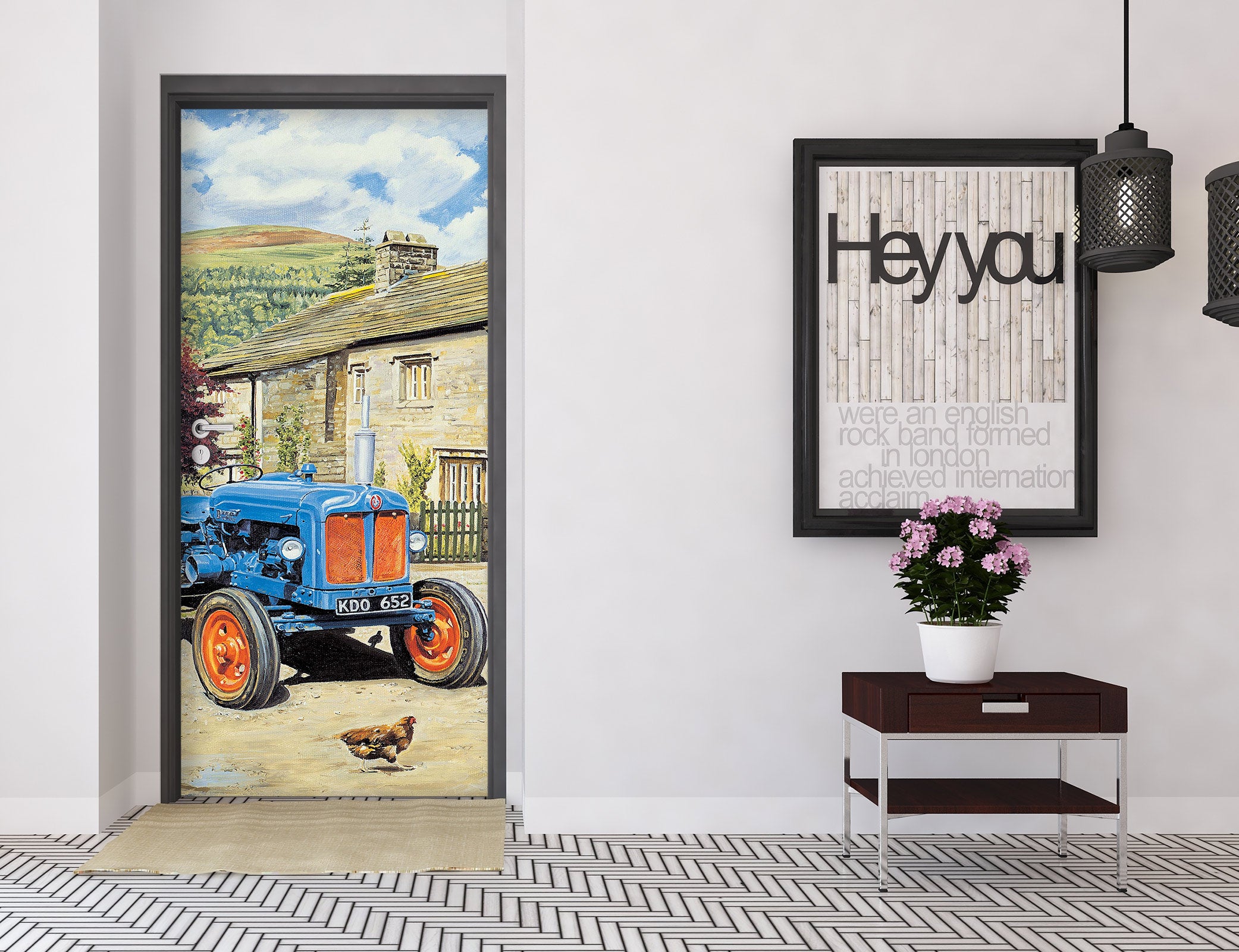 3D Blue Tractor Chicken 103160 Trevor Mitchell Door Mural