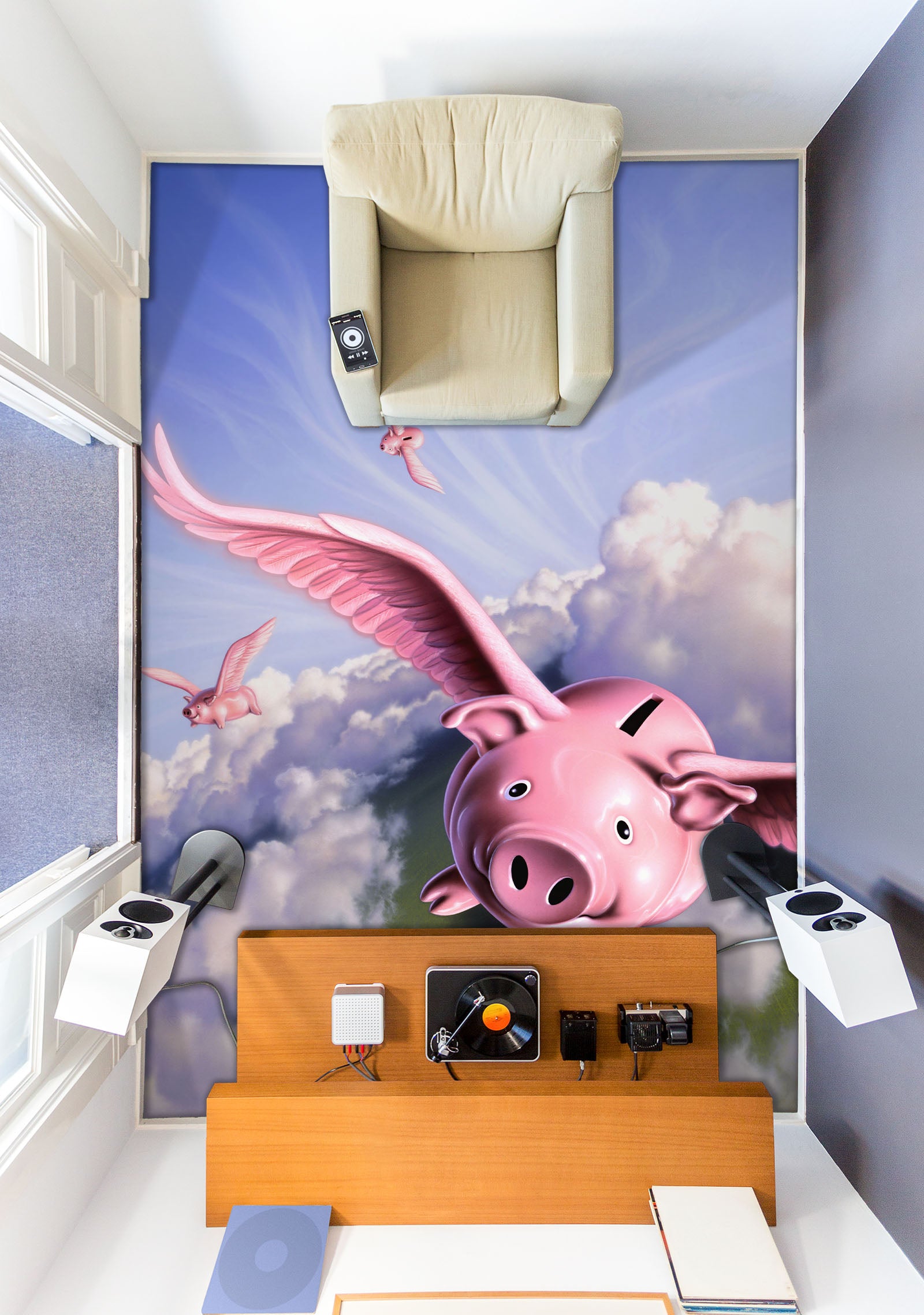 3D Sky Cloud Pink Flying Pig 96224 Jerry LoFaro Floor Mural