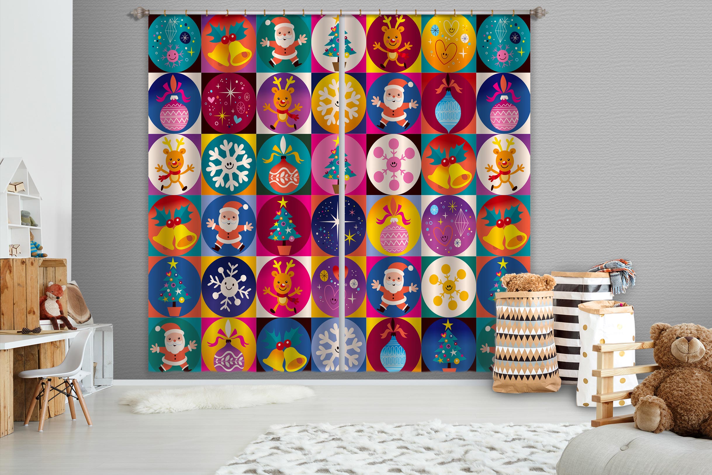3D Colorful Circle Snowflake Santa 52026 Christmas Curtains Drapes Xmas