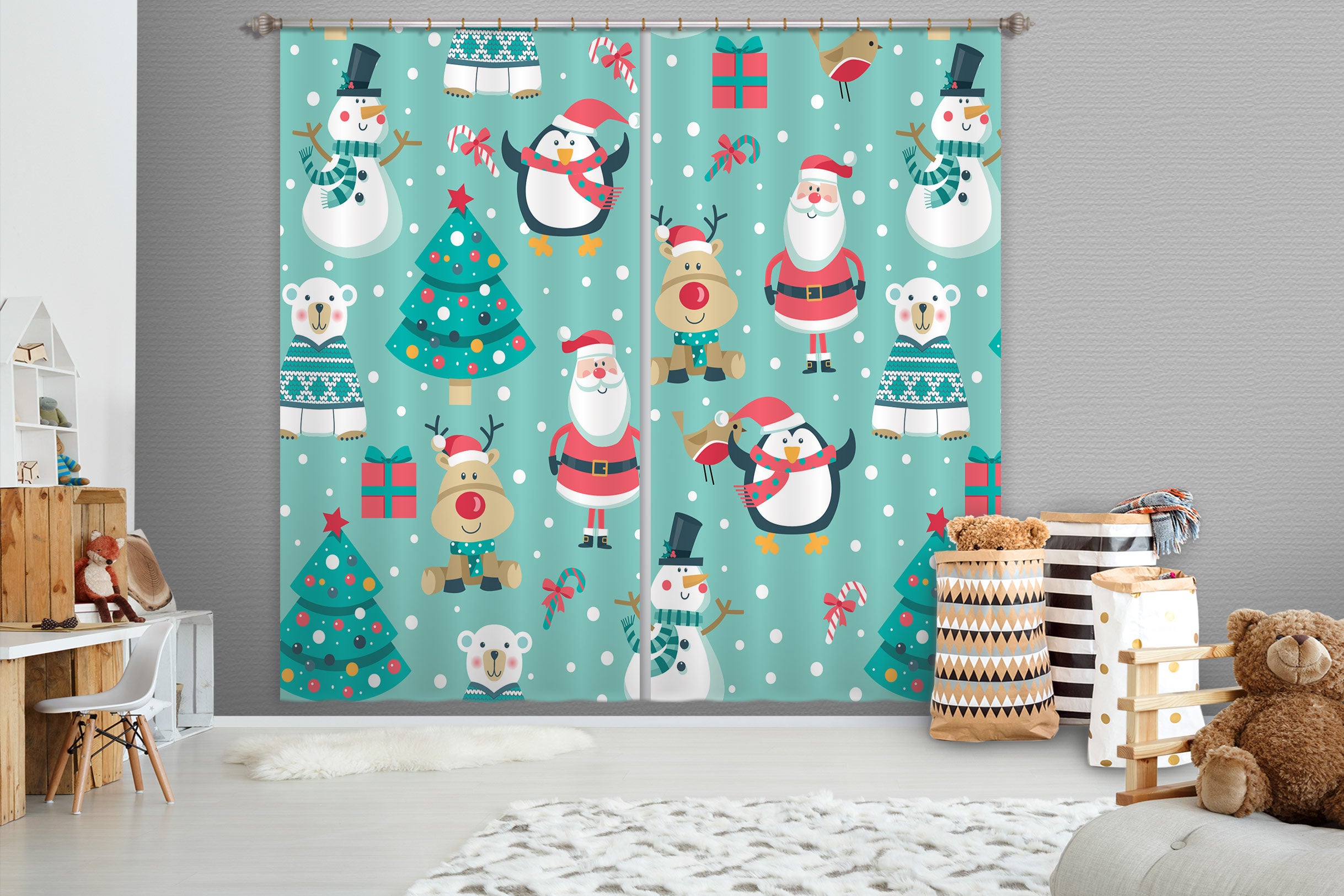 3D Santa Claus Snowman Penguin 52069 Christmas Curtains Drapes Xmas