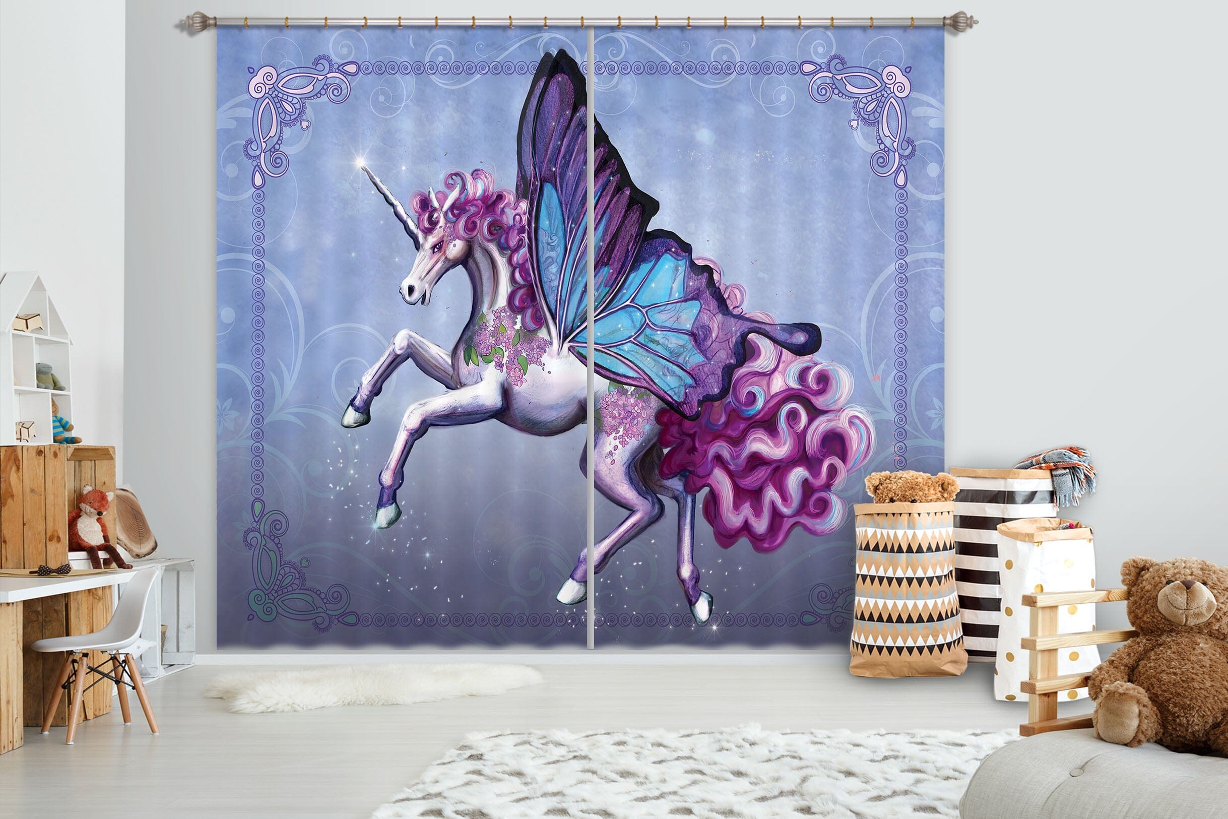 3D Wing Horse 104 Rose Catherine Khan Curtain Curtains Drapes Curtains AJ Creativity Home 