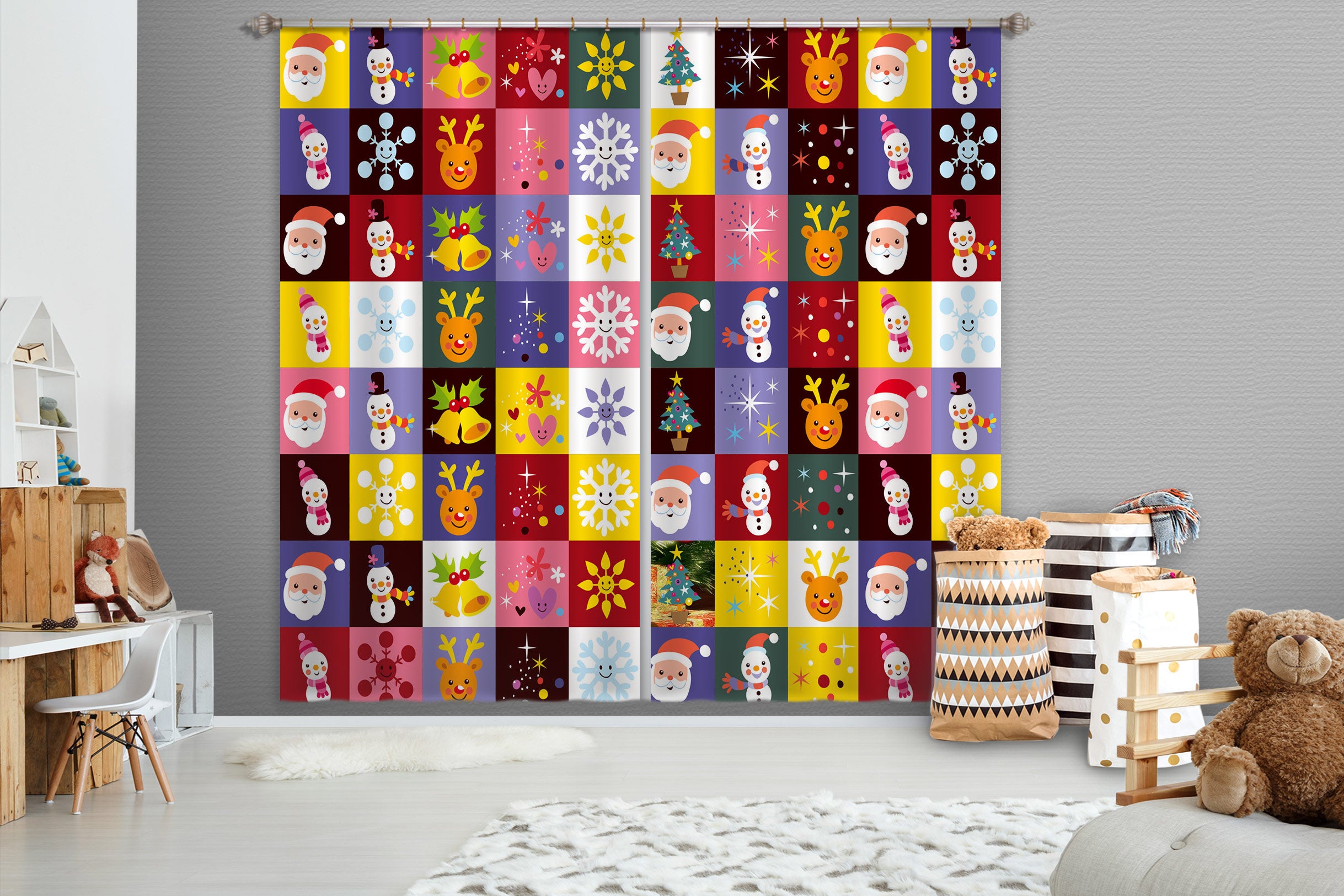 3D Colored Square Snowman Santa 52001 Christmas Curtains Drapes Xmas