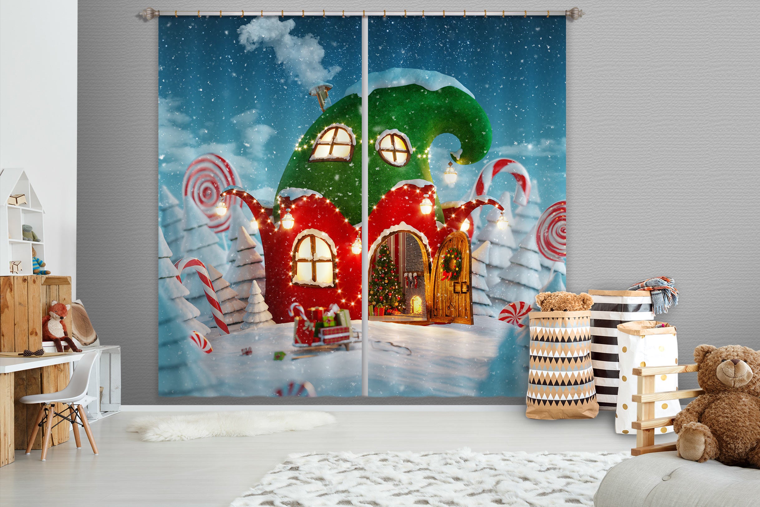 3D Red Green Cabin 52050 Christmas Curtains Drapes Xmas