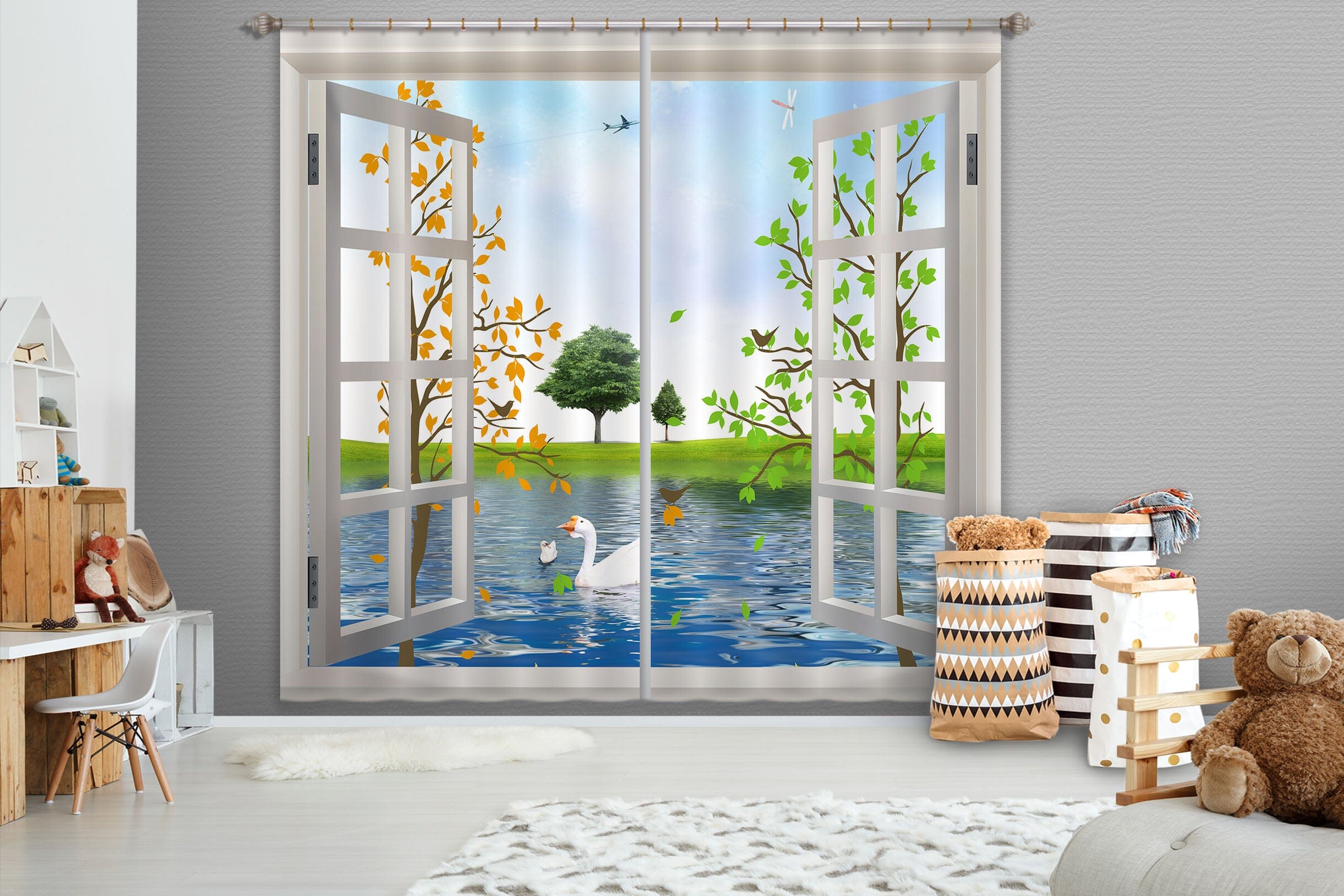 3D Swan Meadow 113 Curtains Drapes Wallpaper AJ Wallpaper 
