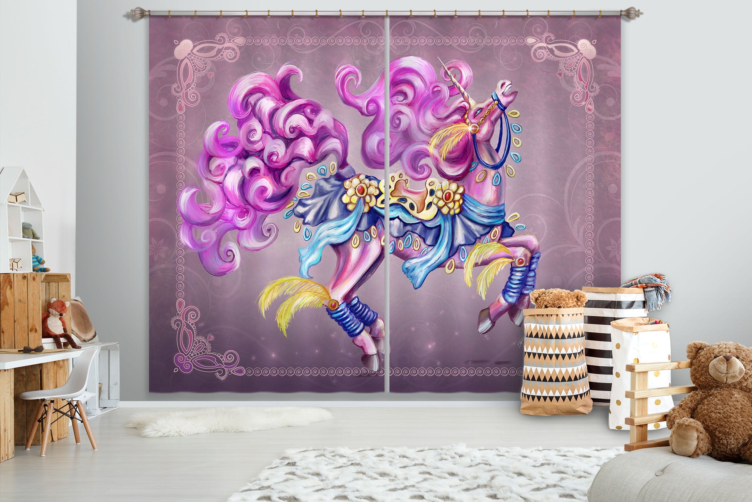 3D Purple Unicorn 115 Rose Catherine Khan Curtain Curtains Drapes Curtains AJ Creativity Home 
