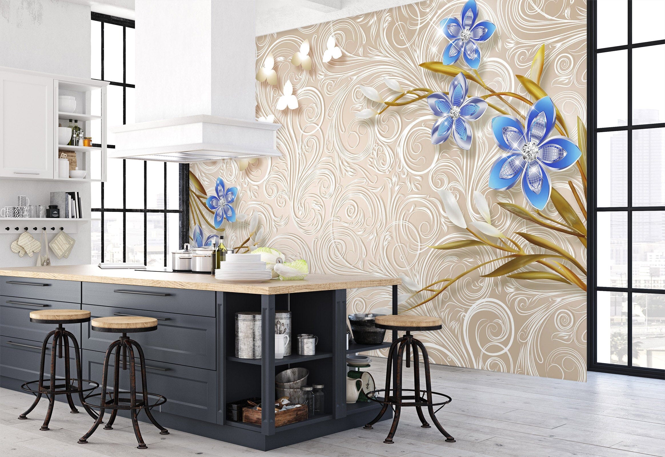 3D Blue Flowers 1480 Wall Murals Wallpaper AJ Wallpaper 2 