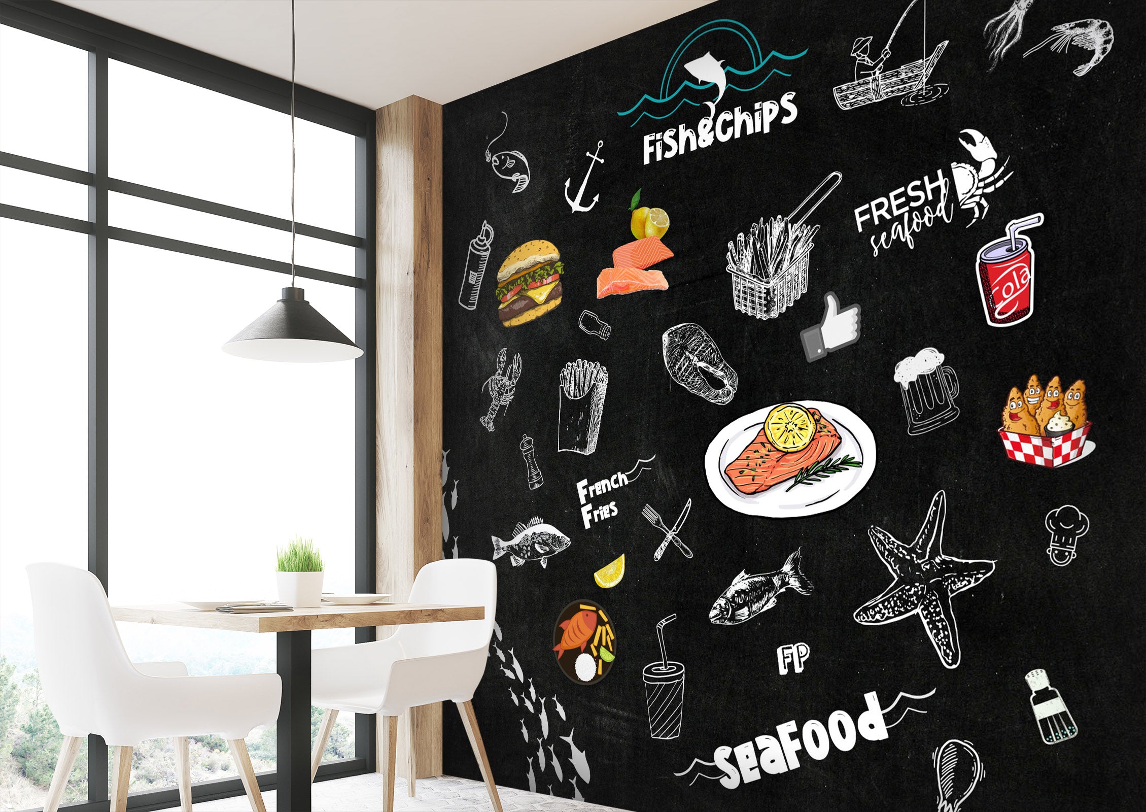 3D stylish blackboard fish chips 01 Wall Murals Wallpaper AJ Wallpaper 2 