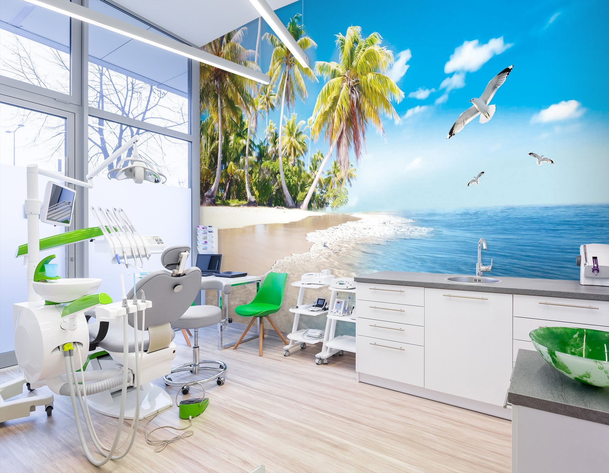 3D Palm tree blue ocean 010 Wall Murals Wallpaper AJ Wallpaper 