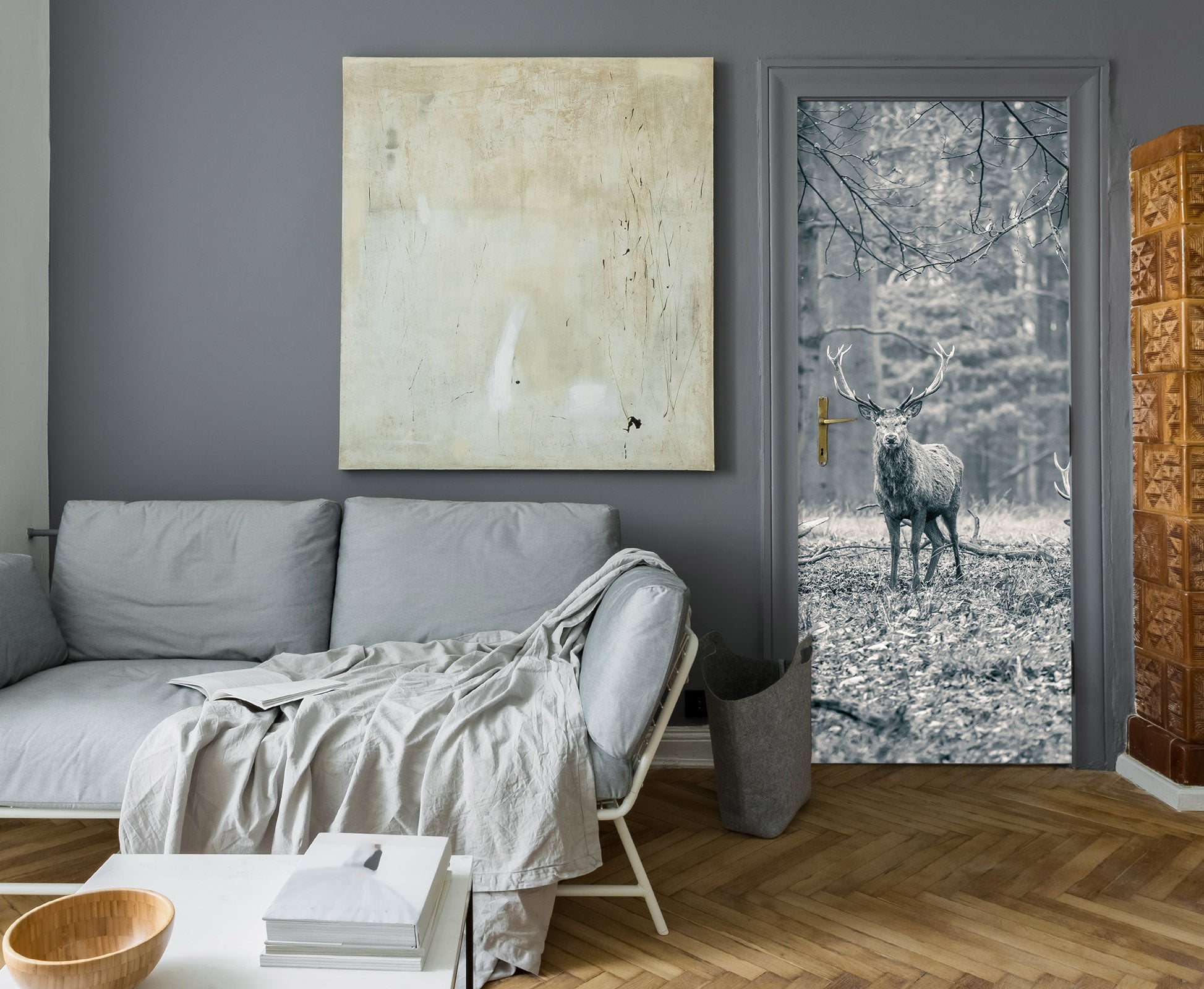 3D Grey Tree Deer 106191 Assaf Frank Door Mural
