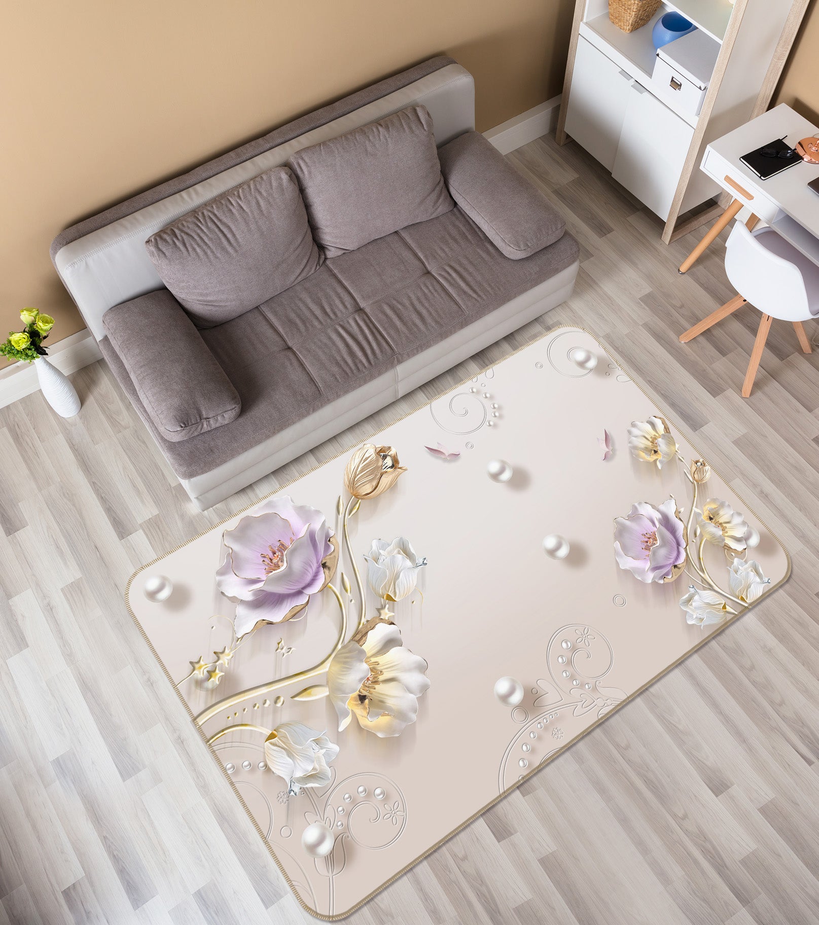 3D Pearl Flower 34013 Non Slip Rug Mat