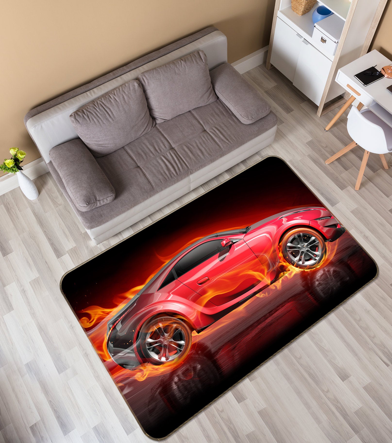 3D Red Flame Sports Car 67179 Vehicle Non Slip Rug Mat