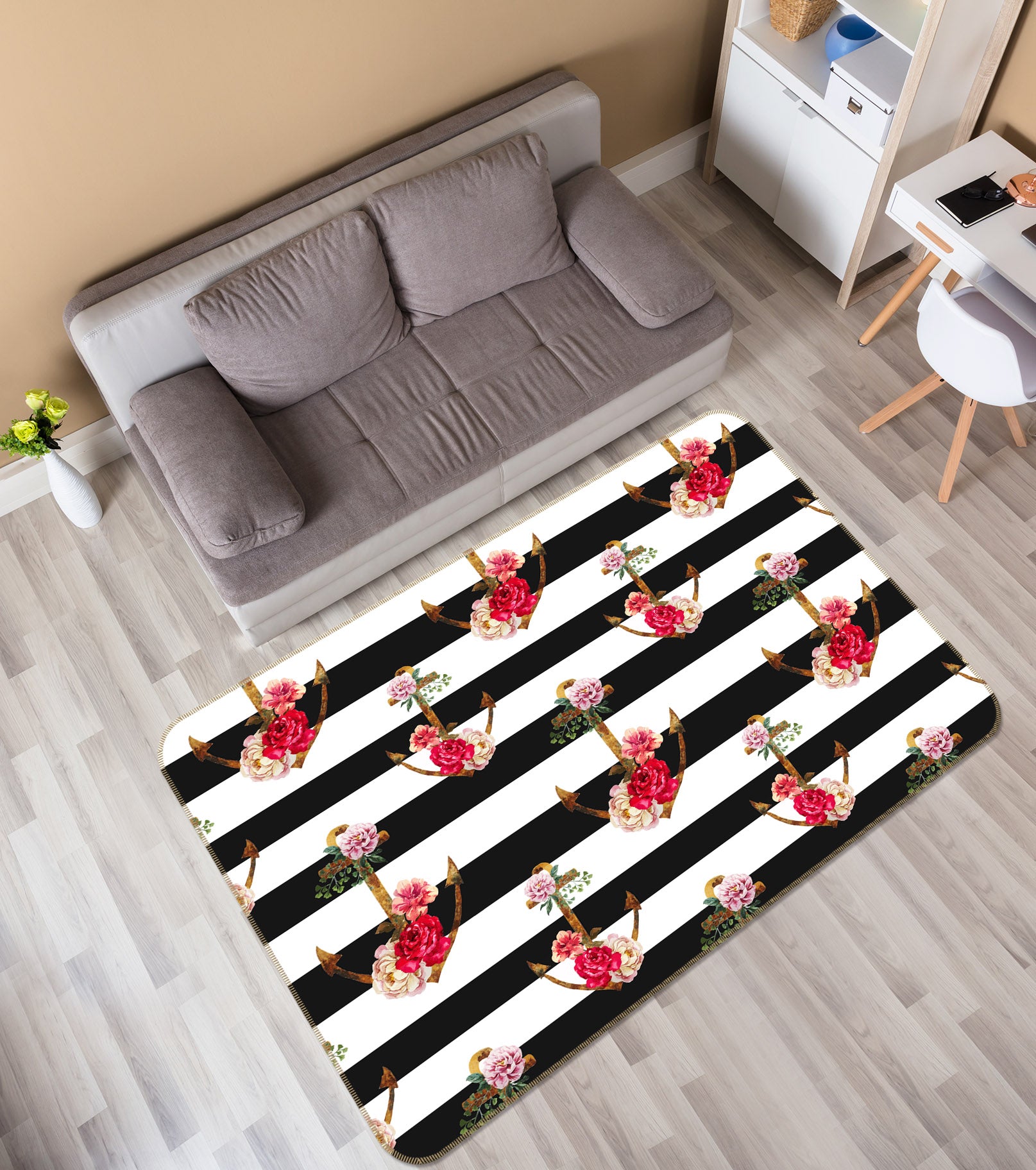 3D Black White Flowers 35073 Non Slip Rug Mat