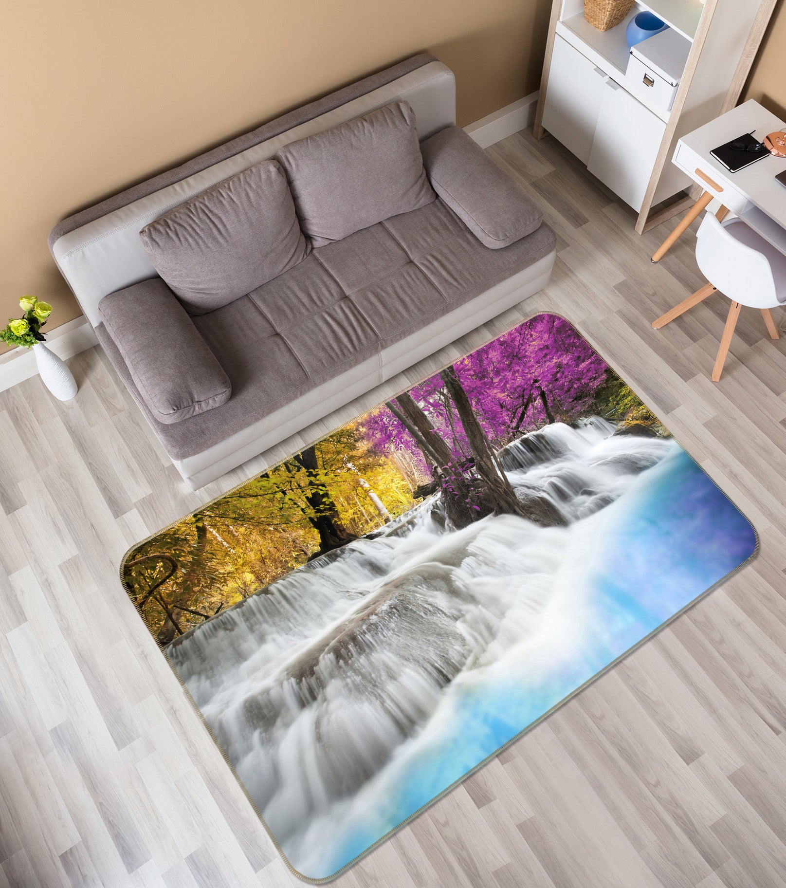 3D Yellow Purple Tree Waterfall 65088 Non Slip Rug Mat