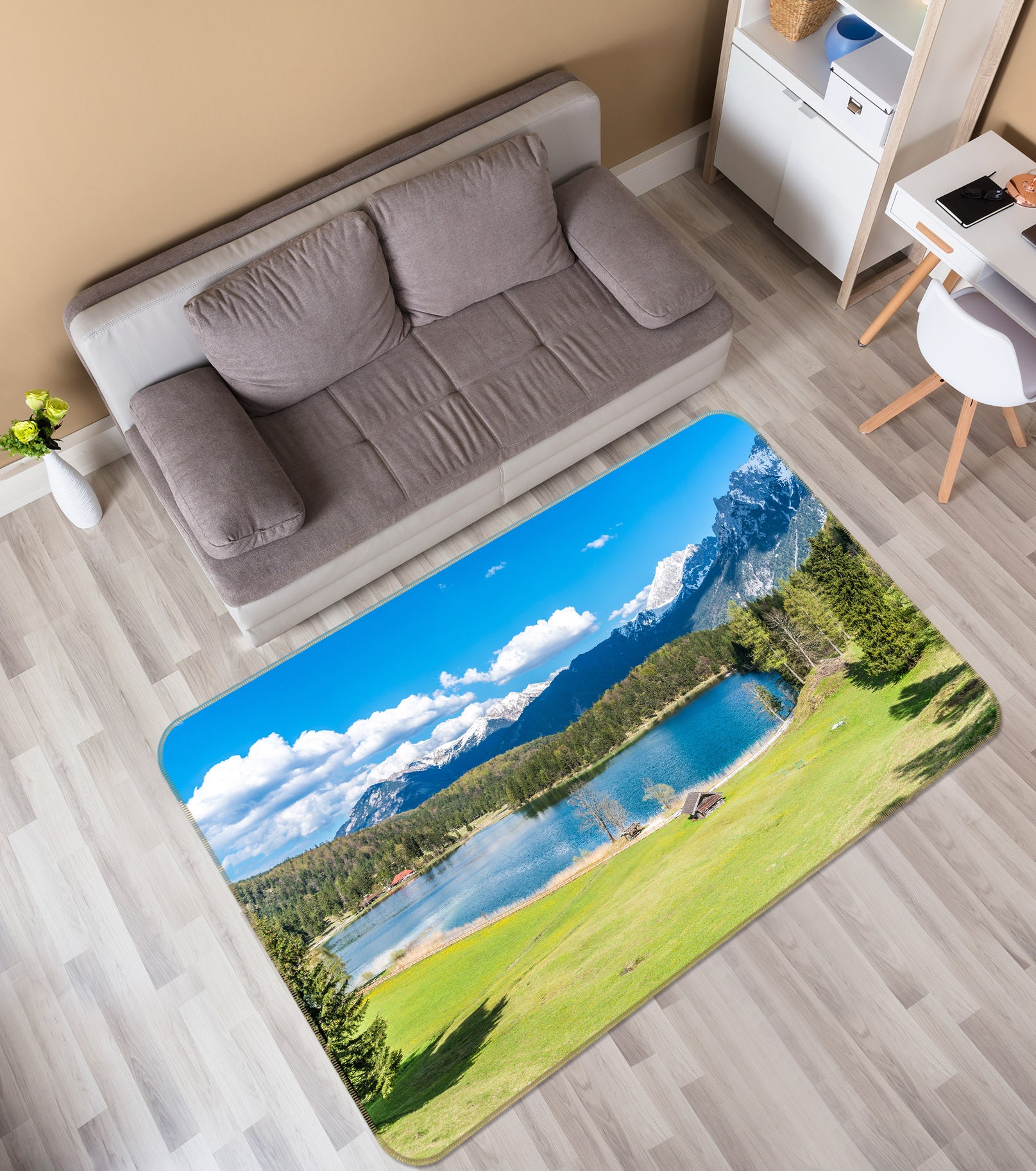 3D Lake Snow Mountain Grass 30127 Non Slip Rug Mat