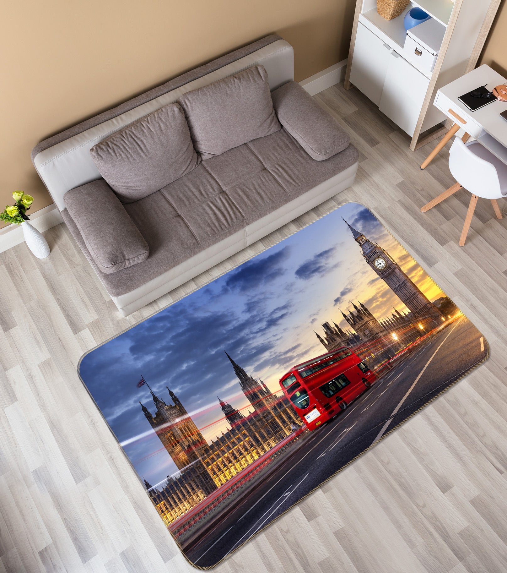 3D Street Architecture Red Bus 68066 Vehicle Non Slip Rug Mat