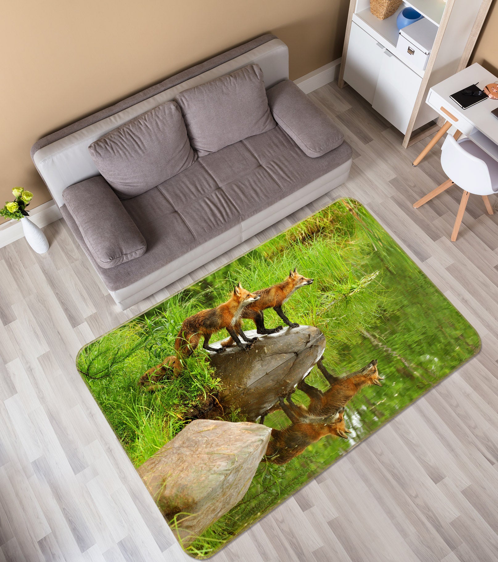 3D Fox By The Water 65132 Non Slip Rug Mat