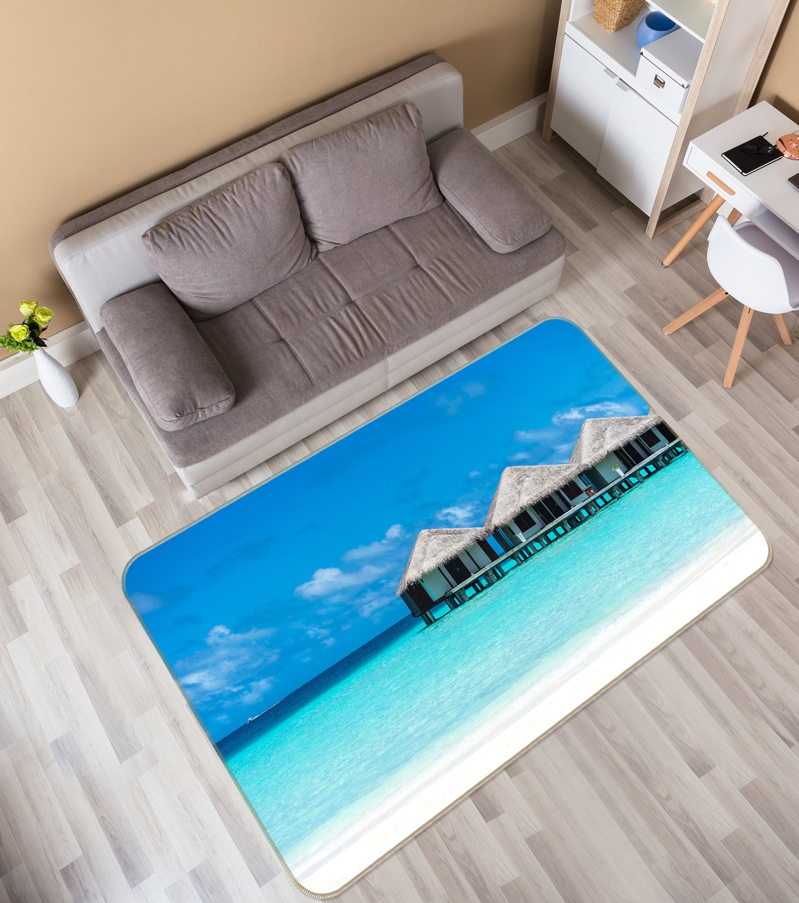 3D Sea Thatched Cottage 77101 Non Slip Rug Mat