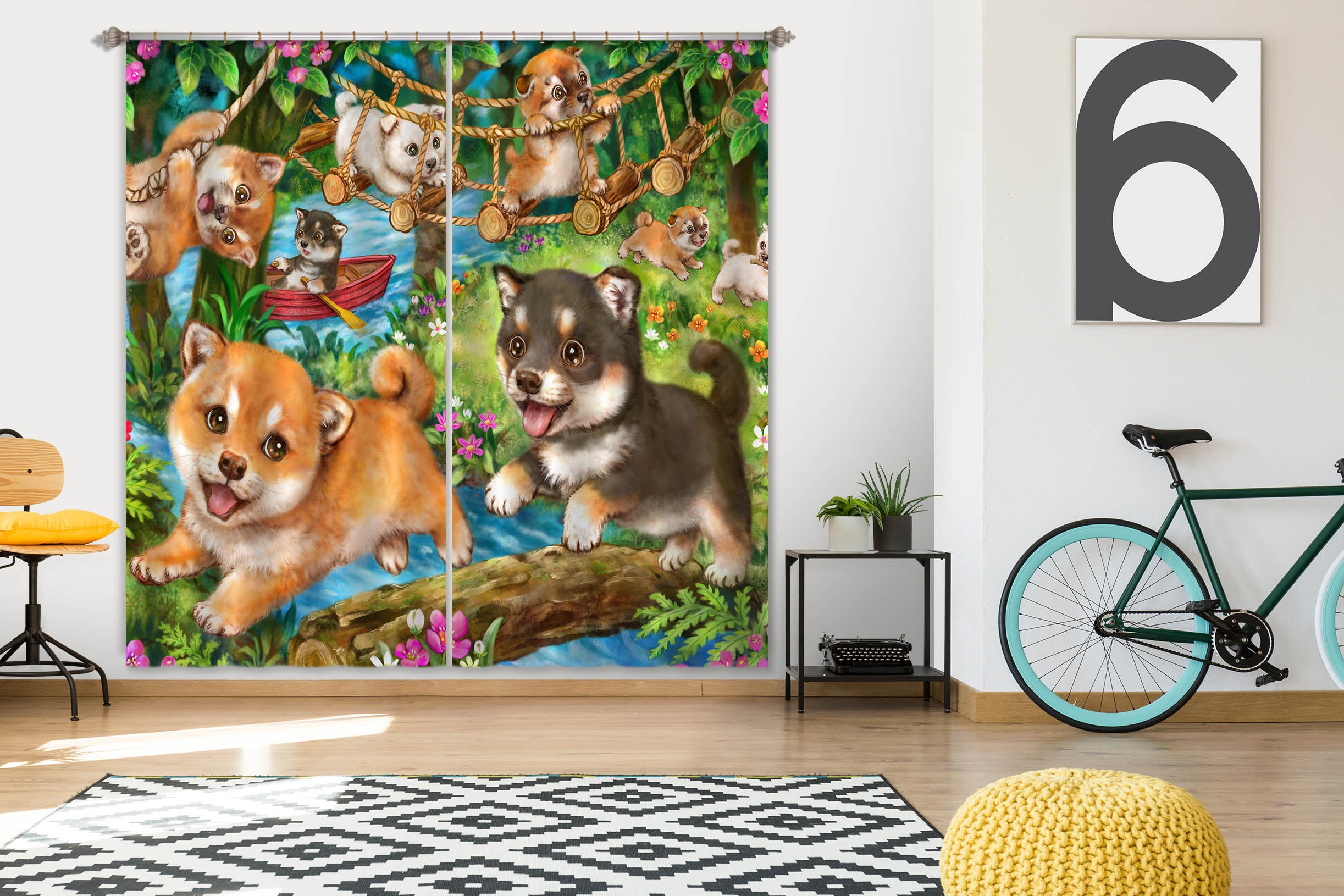 3D Dog Playing 9053 Kayomi Harai Curtain Curtains Drapes