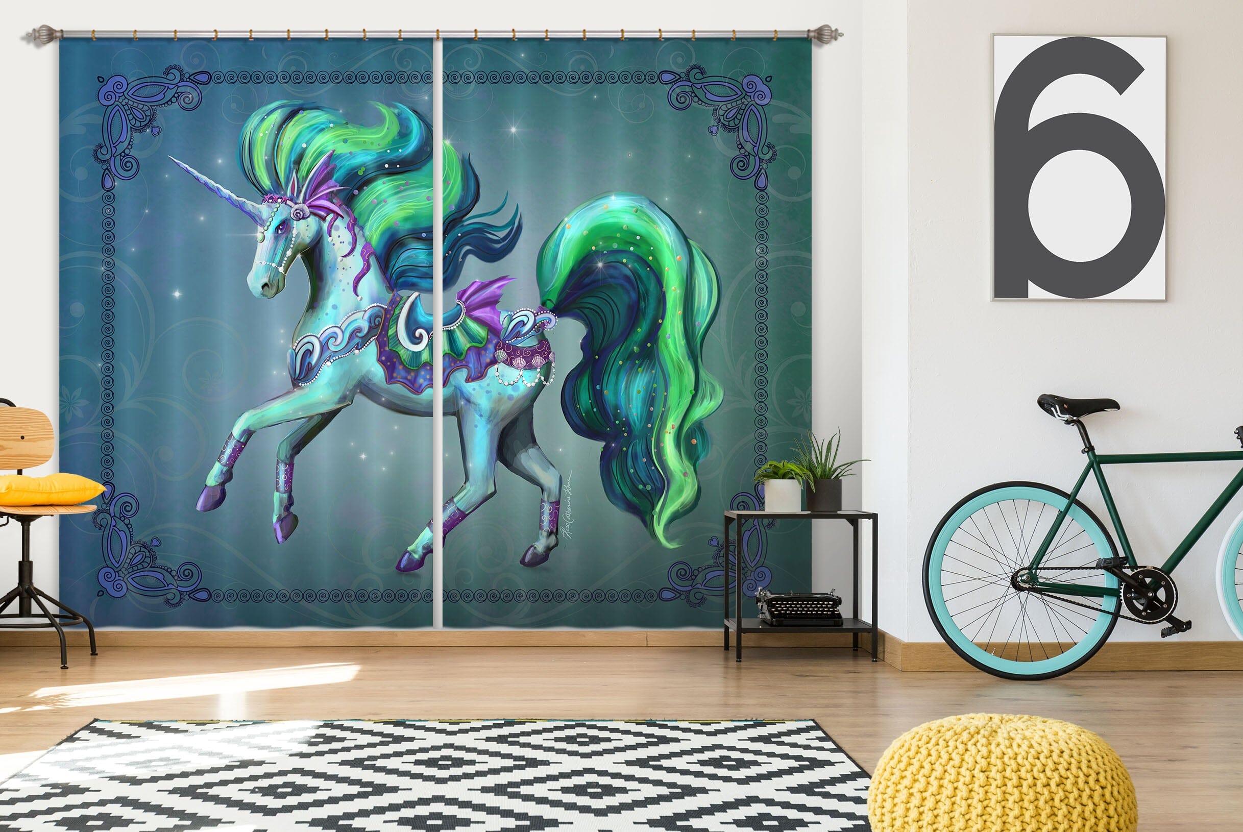 3D Green Unicorn 119 Rose Catherine Khan Curtain Curtains Drapes Curtains AJ Creativity Home 