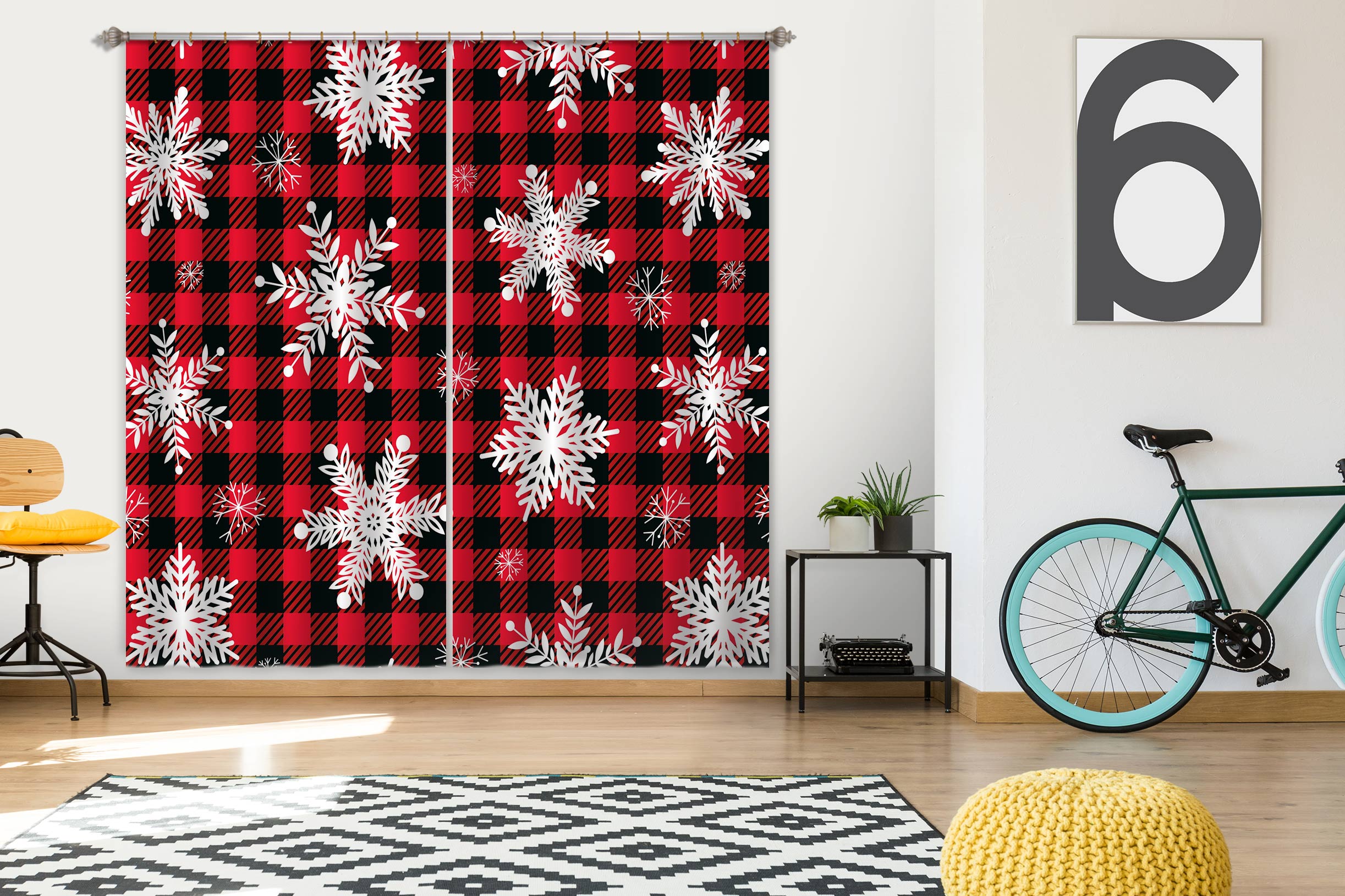 3D Snowflake Black Red Plaid 52085 Christmas Curtains Drapes Xmas