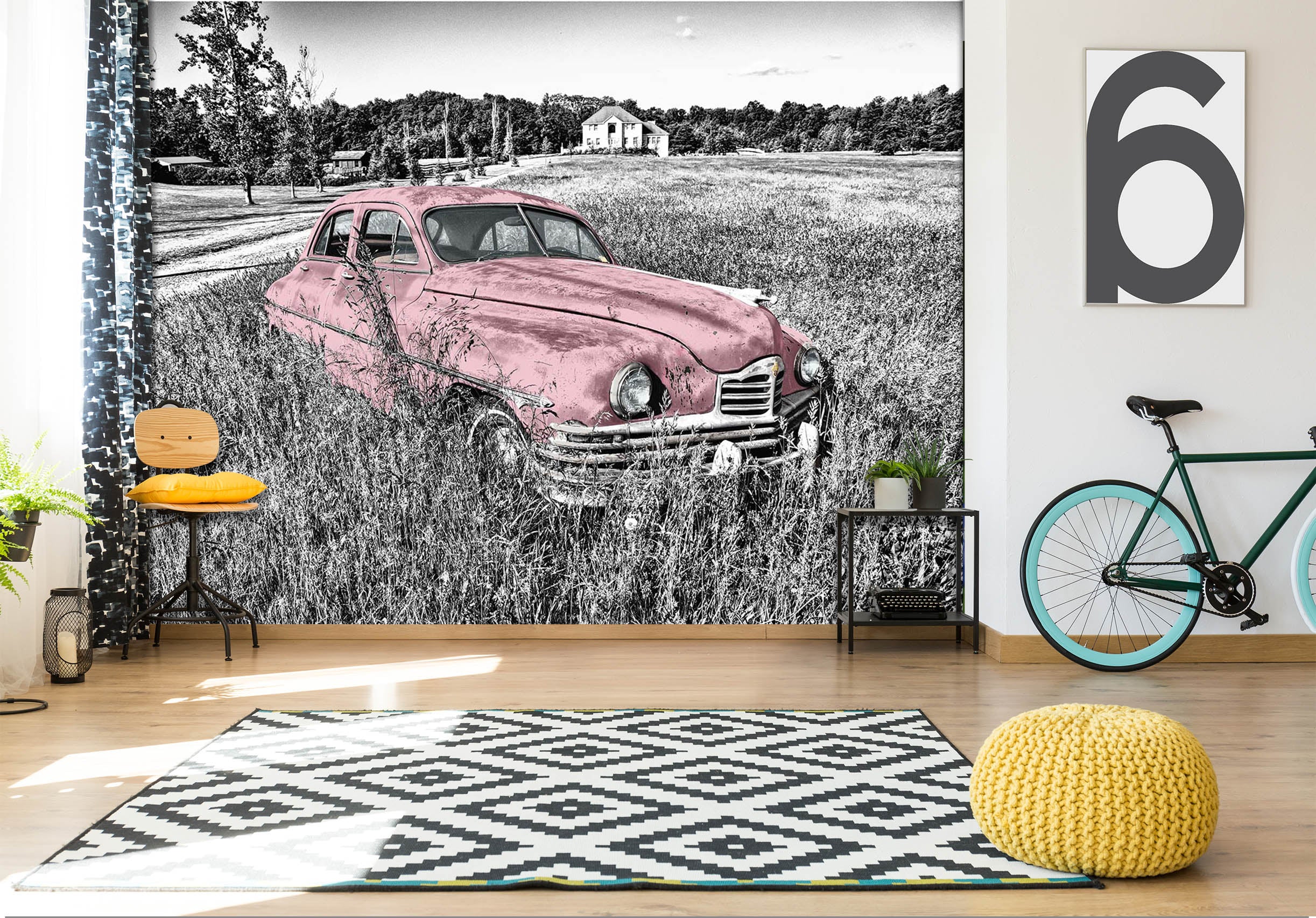3D Abandoned Pink Car 293 Vehicle Wall Murals
