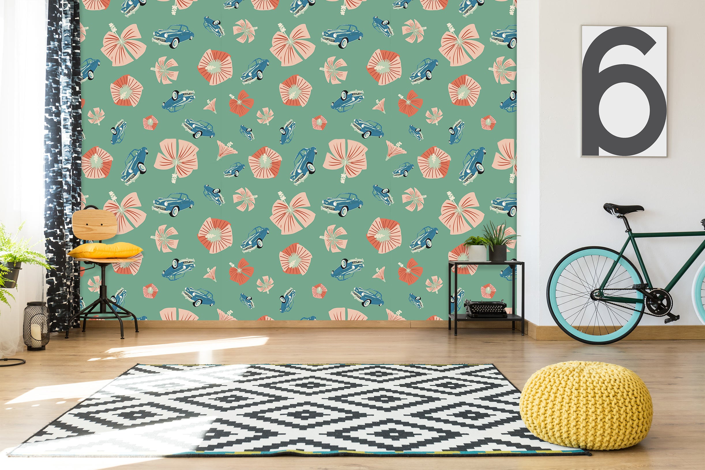 3D Pink Flower Blue Car 98129 Kasumi Loffler Wall Mural Wall Murals