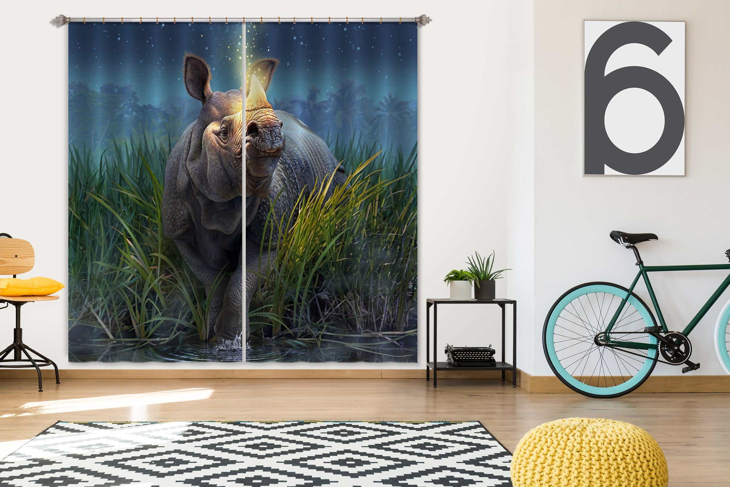 3D Rhinoceros Unicornis 86093 Jerry LoFaro Curtain Curtains Drapes